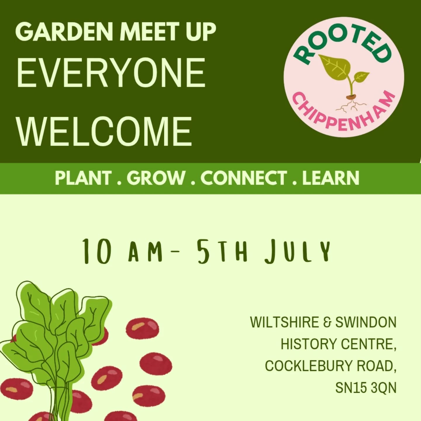 Join us tomorrow at our Monthly Meet Up
Everyone welcome - all ages, abilities, and experience welcome 🤗
10 am, 5th July @ the Wiltshire & Swindon History Centre
We all help out with gardening tasks, like seed sowing, planting out, weeding, pruning and watering. We will stop for some food and a cuppa - all provided, but we encourage sharing if you would like to contribute 💚
#chippenham #communitygarden