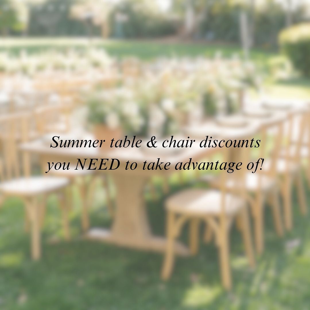 We’re calling this one Christmas in JULY! BACK BY POPULAR DEMAND …it’s a SUMMER table & chair special! Let’s save you up to 20% off your wedding tables & chairs! Swipe to see our fabulous options and peep👇🏼 for the deets:
Tables:
•All HARVEST tables (long, round, square): originally $75/each, discounted to $60/each
•HOMESTEAD whitewash tables: originally $100/each, discounted to $80/each
•ACRE trestle tables: originally $100/each, discounted to $80 each
Chairs:
•DEMI cross back chairs: originally $5/each, discounted to $4/each
•ALL other chairs (fruitwood, bistro, mix & match): originally $3.75/each, discounted to $3.25/each
Offer valid through 7/31/25 on new unreserved orders only. Must sign rental contract and pay 40% retainer to book and receive discounts prior to end date. Cannot be combined with any other offers or discounts. LET’S GET YOU MARRIED!