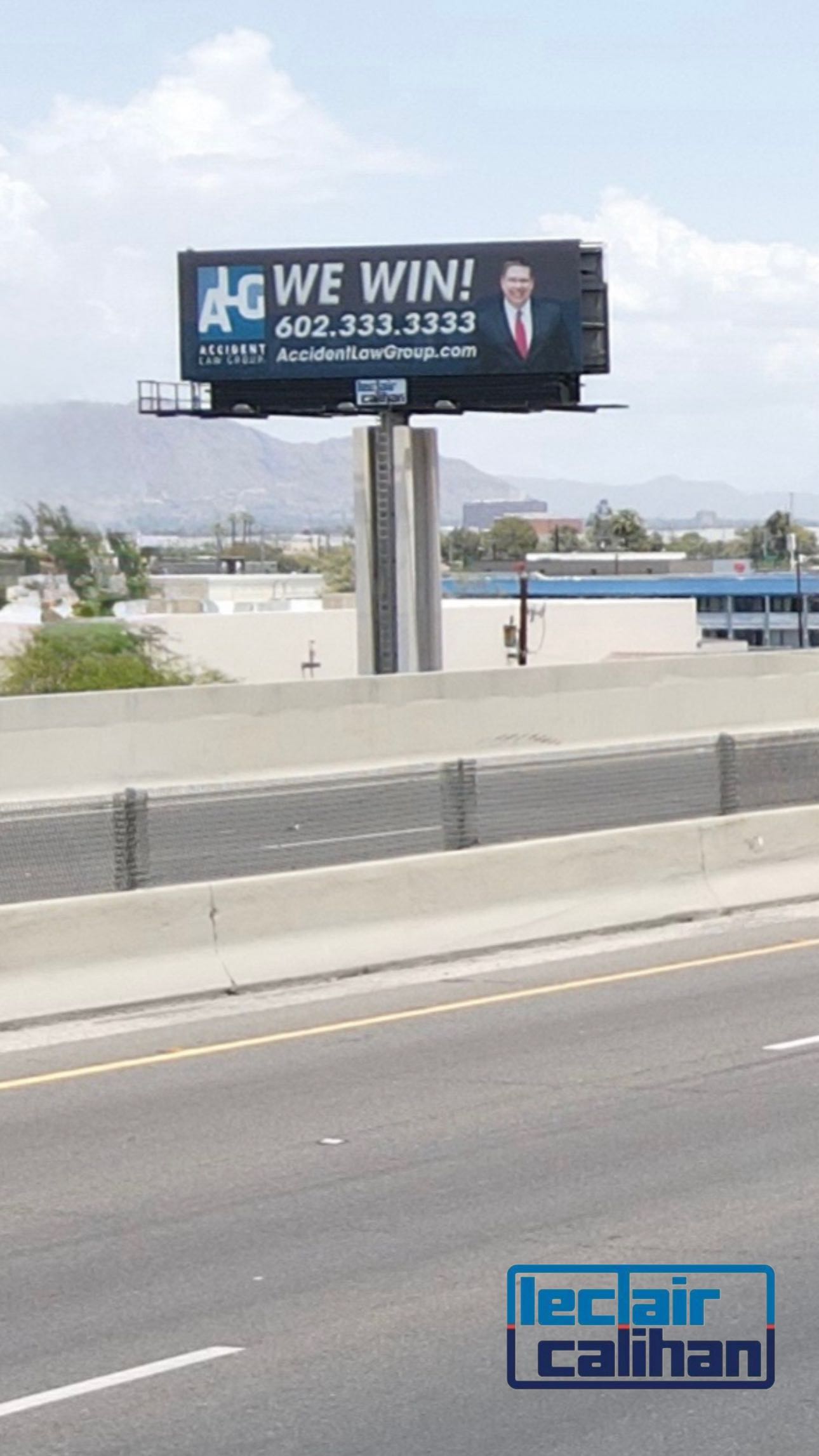 New Location Alert! LeClair Calihan Advertising now is offering a 14 x 48 static display on I-17 and 3rd Street. Huge shout out to @accidentlawgroupaz for being our first client on the sign. #phoenixadvertising #leclaircalihanadvertising #leclaircalihan #billboard #phoenixadvertising