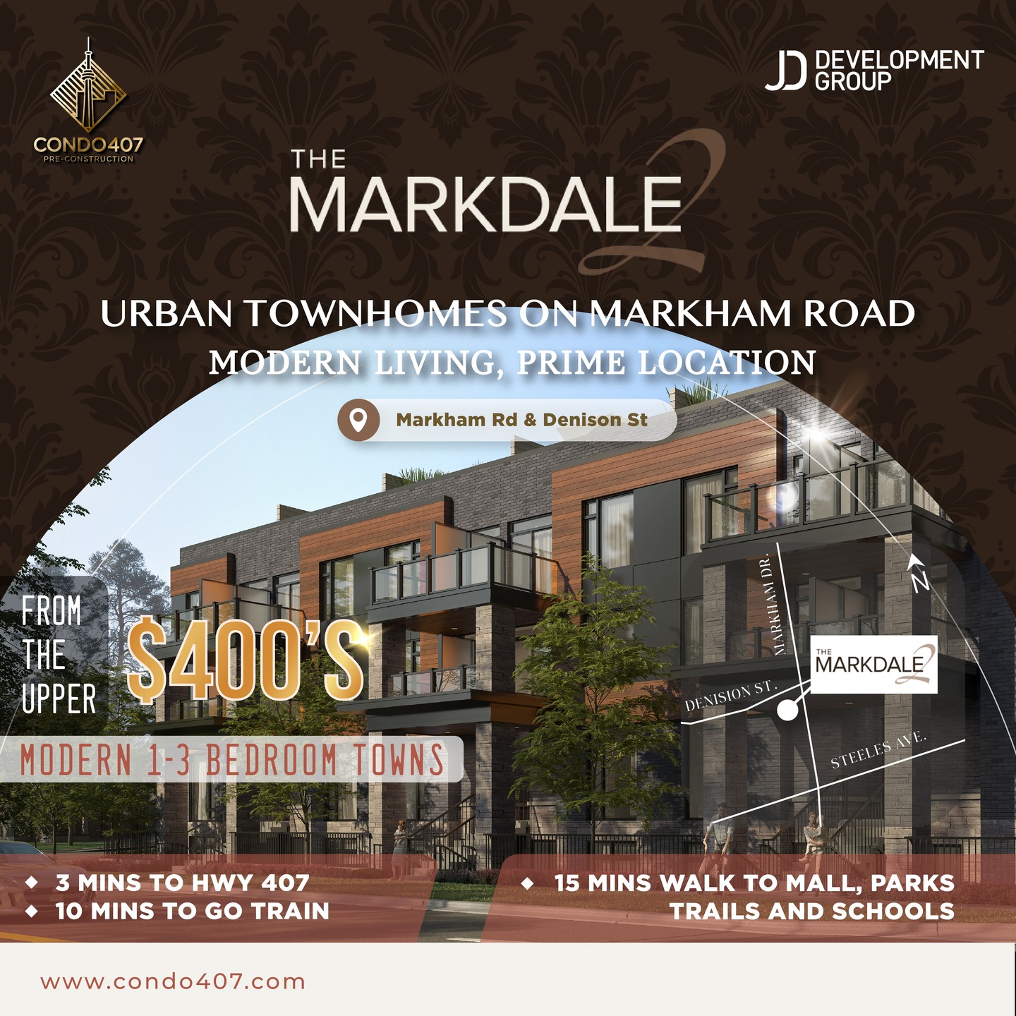 🏡 The Markdale 2: Urban Towns in Markham! 🏡
💰 Starting from the upper $400‘s
📍Denision St. / Markham Dr.
🌟Key Features:
Just 3 minutes from the 407 and 10 minutes from the GO train
1-3 Bedroom Urban Towns
85 Walk Score – steps from parks, dining, and more
Underground parking for added security
Top retailers like Costco, Walmart, Canadian Tire, and No Frills
A variety of Asian and South Asian markets and restaurants
Great local schools
by @jddevelopmentgroup
✨ Don’t miss your chance to #MakeYourMark with The Markdale 2!
Register now for exclusive updates and be the first to know!
📩 CONTACT ME NOW TO LEARN MORE:
☎️ 416.856.1997
☎️ 416.879.6118
📧 info@condo407.com
🌐 www.condo407.com
#rlpsignature #jddevelopmentgroup #bakerrealestate #themarkdale2 #markham #markdale #townhome #newhome #preconstruction #comingsoon