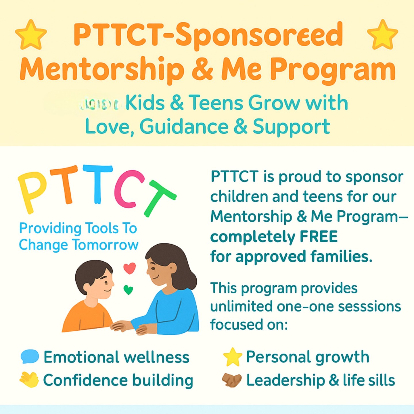 🌟 Now Accepting Applications! 🌟
PTTCT is proud to fully sponsor children and teens for our Mentorship & Me Program — at no cost to families 💛
This life-changing program offers:
✨ Unlimited 1-on-1 mentorship sessions
📚 Personal growth, academic & emotional support
🎓 Tools for development + monthly field trips
💬 Ongoing check-ins & a caring community
🔹 How to Apply:
Submit your application explaining:
🌟 Why the child would benefit
🌟 How PTTCT can make a difference
📧 visit www.pttctorganization.com
🕊️ Space is limited — apply today!
At PTTCT, we’re committed to changing tomorrow by supporting our youth today. 🌱
#PTTCT #MentorshipAndMe #YouthSupport #EmotionalWellness #FreeMentorship #ChangeTomorrow #SupportOurYouth #MentalHealthMatters