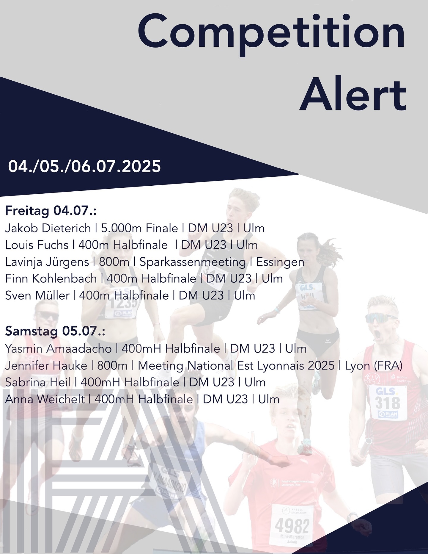 Volles Wochenende für Frankfurt Athletics 🔥:
.
Die Deutschen Meisterschaften der U23 stehen von Freitag bis Sonntag an und damit auch ein Highlight für viele unserer Athleten. Einen livestream gibt es auf YouTube.
.
Am Freitag geht es für @jakob_dieterich über 5.000m direkt im Finale um die Medaillen. @__louisfuchs__ , @sven_mr04 und @finn.koh sind in den Halbfinals über 400m auf der Jagd nach den Final-Tickets ⚡️💪.
Parallel dazu startet @lavinjajurgens in Esslingen beim Sparkassenmeeting über 800m 💥.
.
Am Samstag geht es dann bei der U23 DM über 400mH mit den Halbfinal-Läufen für @yasmin.amaa , @sabrina.heil und @anna_14_03 weiter 🚧🔥.
Zusätzlich dazu startet @jenniehauke in Frankreich beim Meeting National Est Lyonnais über 800m ⚡️.
.
Das 400m Finale findet ebenfalls am Samstag statt und das 400mH Finale dann am Sonntag 🙌.
.
Wir freuen uns auf tolle Zeiten und Platzierungen und wünschen viel Erfolg 🍀💪!
.
.
#frankfurtathletics #fa #germanyathletics #faster #higher #further
