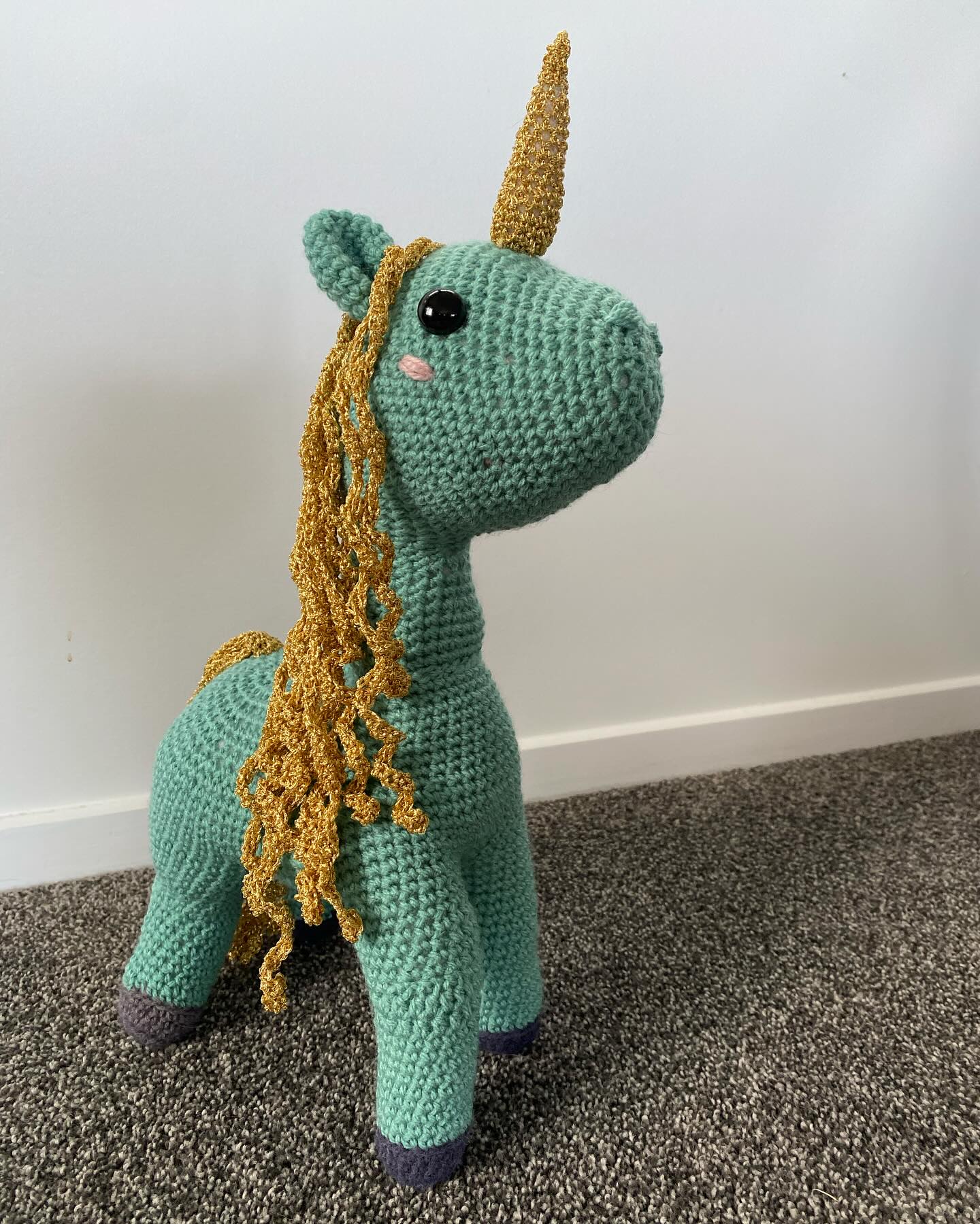 Unicorn #2.Love that I found this metallic yarn at the tip shop just when I needed it. #crochetcreatures #crochetunicorn #upcycledyarn #madebyme