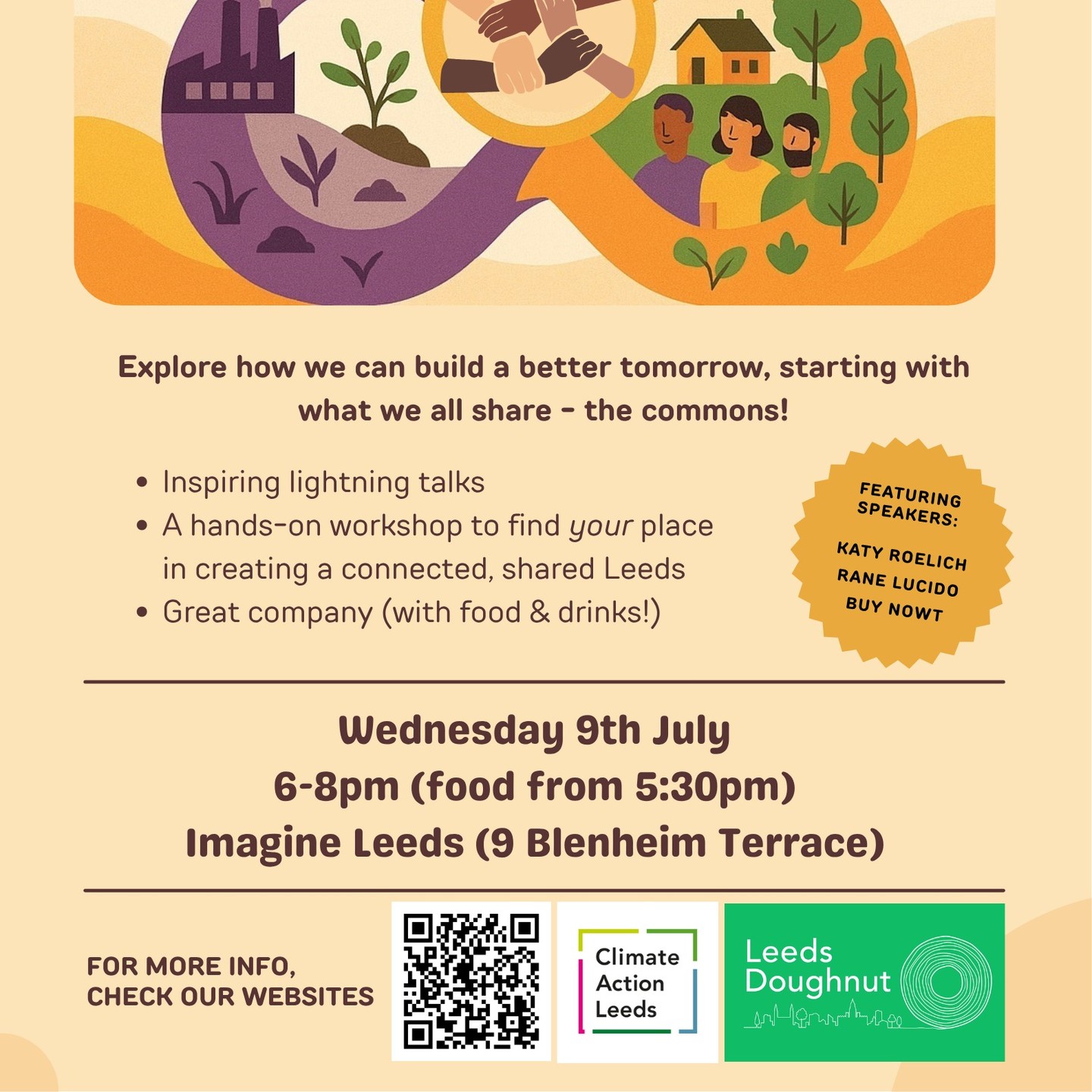 Come to Imagine Leeds next Wednesday evening 9th July for the third 'Many Yeses' event.
This event will dive into the fascinating concept of the commons; the vital shared resources we collectively depend on, with guest speakers and workshops to help discover the unique roles each of us can play in navigating change and shaping a more connected and shared Leeds.
The event is completely free with no booking required. Find out more here via thre QR code or visit our website event page!
