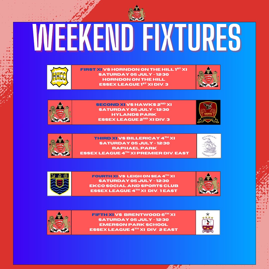 Saturday Teams
1s @horndoncc
2s Vs @thehawkscc
3s Vs @billericaycc
4s @leighonseacc
5s Vs @brentwood_cc