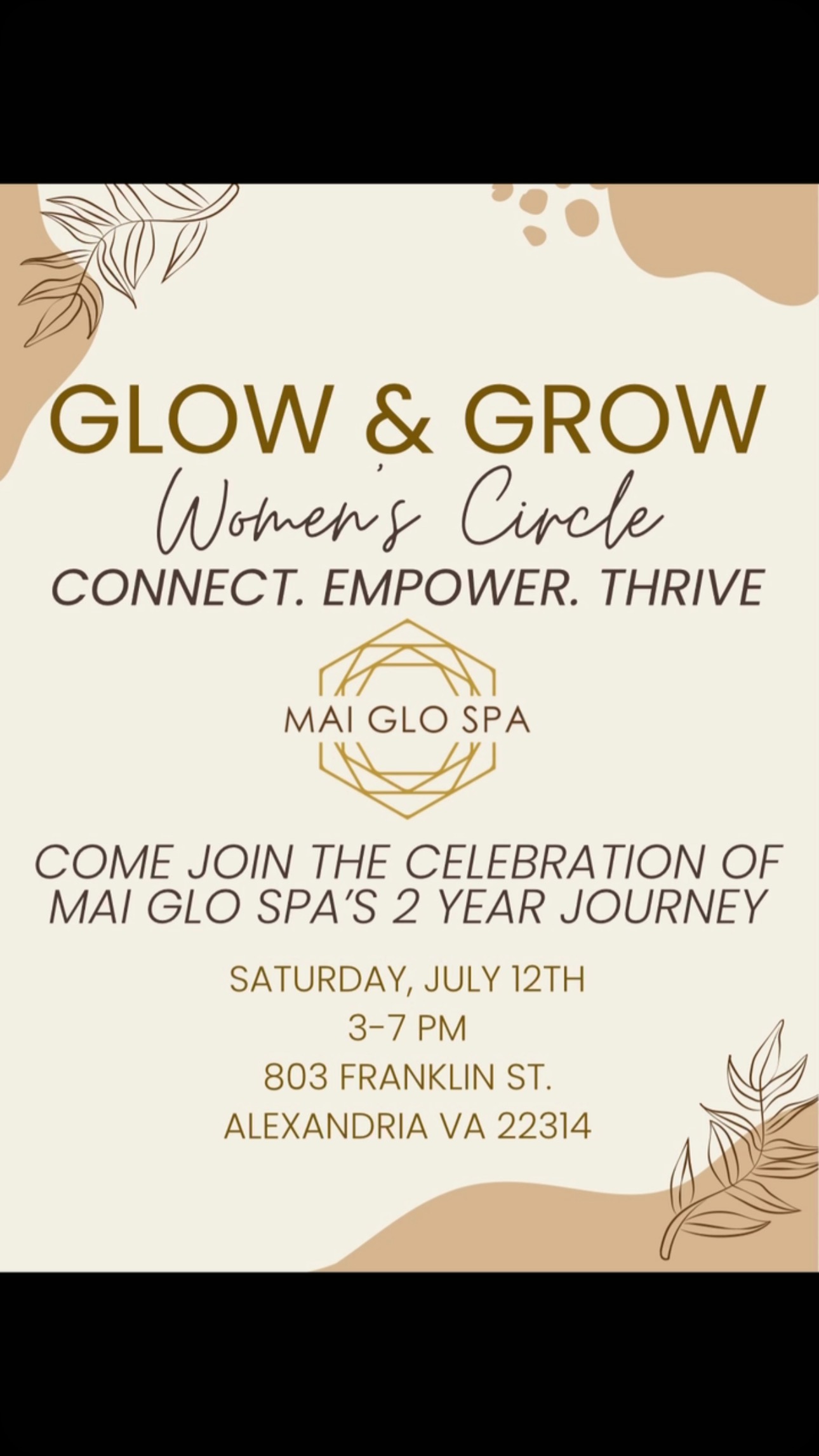 Glow & Grow Women’s Circle
✨ Anniversary Celebration ✨
Join us as we honor the beauty of growth, sisterhood, and self-care at the Glow & Grow Women’s Circle Anniversary — a special gathering for women to connect, reflect, and celebrate how far we’ve come.
Enjoy:
• Empowering Conversations
• Guided Reflection & Journaling
• Light Bites & Bubbly
• A Glow Up You Deserve
• Discount products.
Whether you’ve attended before or are joining us for the first time, this circle is a sacred space to shine, share, and grow — together.
Let’s glow, grow, and celebrate YOU.