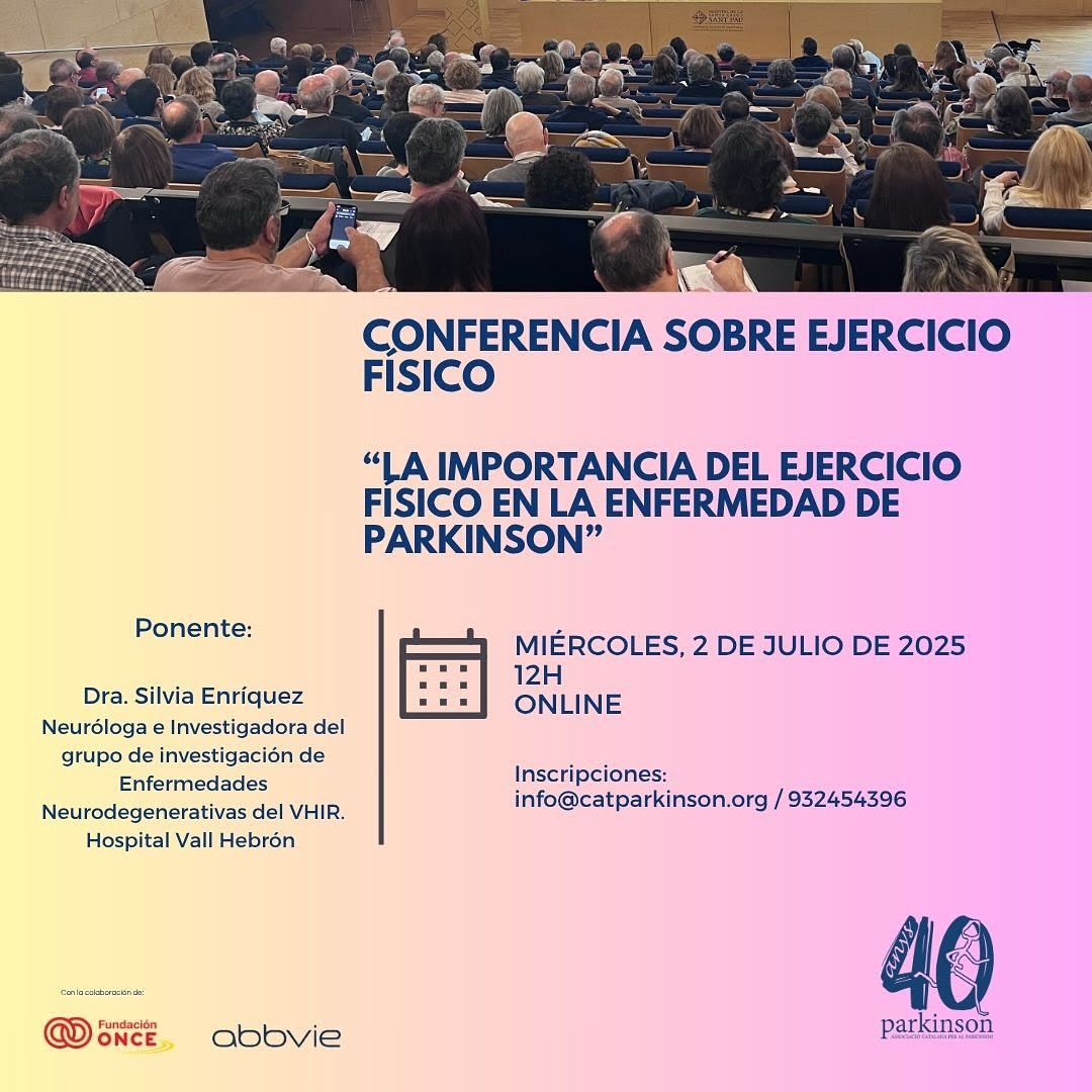 📢Propera conferència 👇
💪La importància del exercici físic en la malaltia de Parkinson 🏓🥅🥊🏀🏅
🗓️Dimecres, 2 de juliol
🕛12h
💻En directe pel canal de YouTube de l’ACAP
👩🏻⚕️A càrrec de la Dra. Silvia Enríquez. Neuróloga i investigadora del grup de recerca de malalties neurodegeneratives del VHIR. Hospital Vall Hebron.