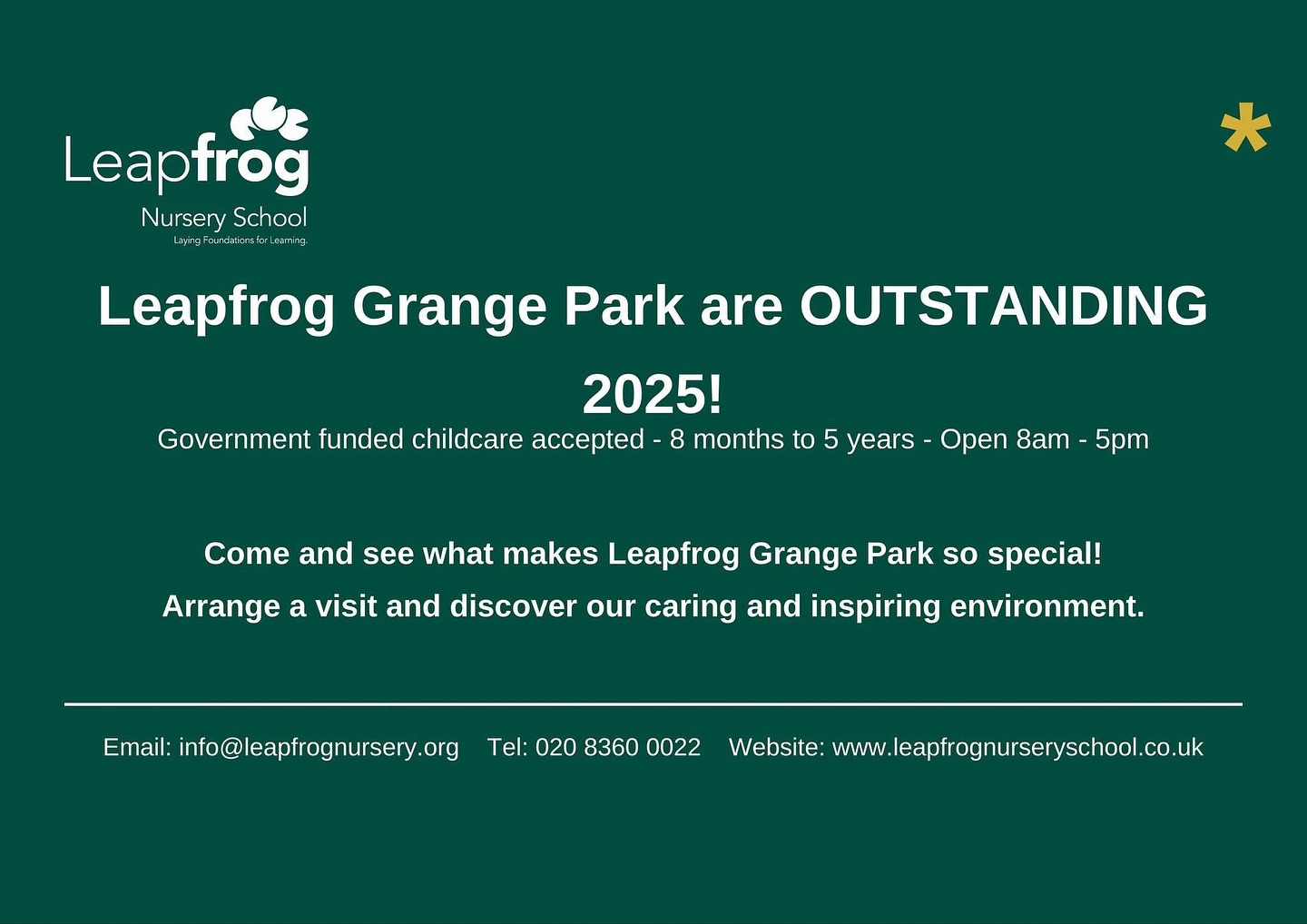 🌟 We Are OUTSTANDING! 🌟
We’re absolutely thrilled to share that Leapfrog Grange Park has been awarded OUTSTANDING in our recent Ofsted inspection!
💬 “Children thrive in this exceptional setting. Staff across the nursery have a clear understanding of the intent behind the curriculum and implement it highly effectively.” – Ofsted 2025
This recognition reflects the passion, dedication, and love our team puts into creating a nurturing, inspiring environment every single day. 💚
✨ Want to see what makes us special? Book a tour or come along to one of our FREE weekly Stay & Play sessions – we’d love to welcome you!
📩 info@leapfrognursery.org
📞 020 8360 0022
🌐 www.leapfrognurseryschool.co.uk
#LeapfrogGrangePark #OutstandingNursery #Ofsted2025 #EarlyYearsExcellence
