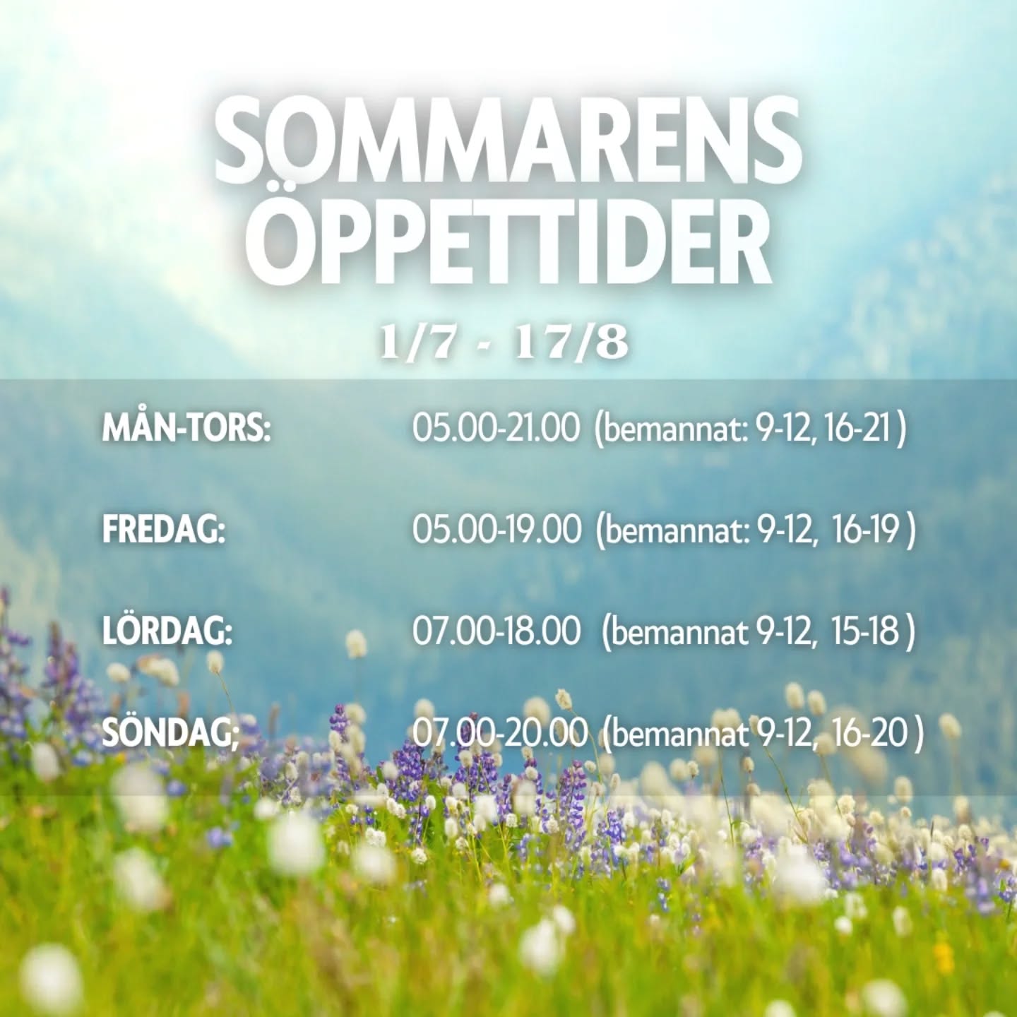 Sommaren är här med sol och frid,
bemanningen rullar – men i sommartid!
Lite annan bemanning under sommaren. Så är det något ni undrar över och vi inte är på plats så går det bra att skriva en lapp eller maila till vår infomail.
Ha en underbar sommar kära medlemmar! 🌞