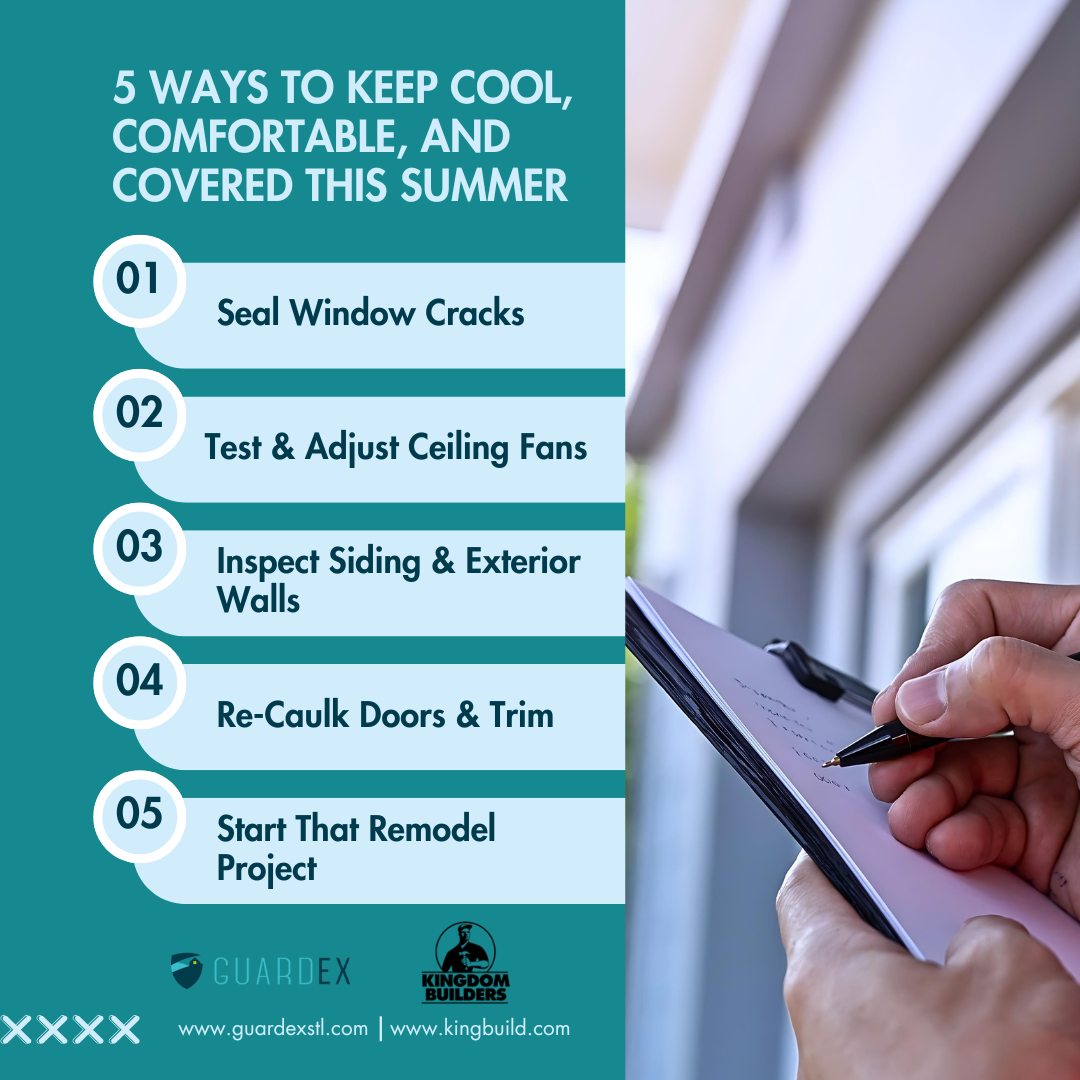 Summer brings plenty of opportunities to improve your home’s comfort and value. Focus on these five key maintenance tasks to keep things running smoothly all season long. Need a hand? GuardEx and Kingdom Builders have the skills and experience to make it happen. No stress, no guesswork! #GuardEx #KingdomBuilders #HomeMaintenance
