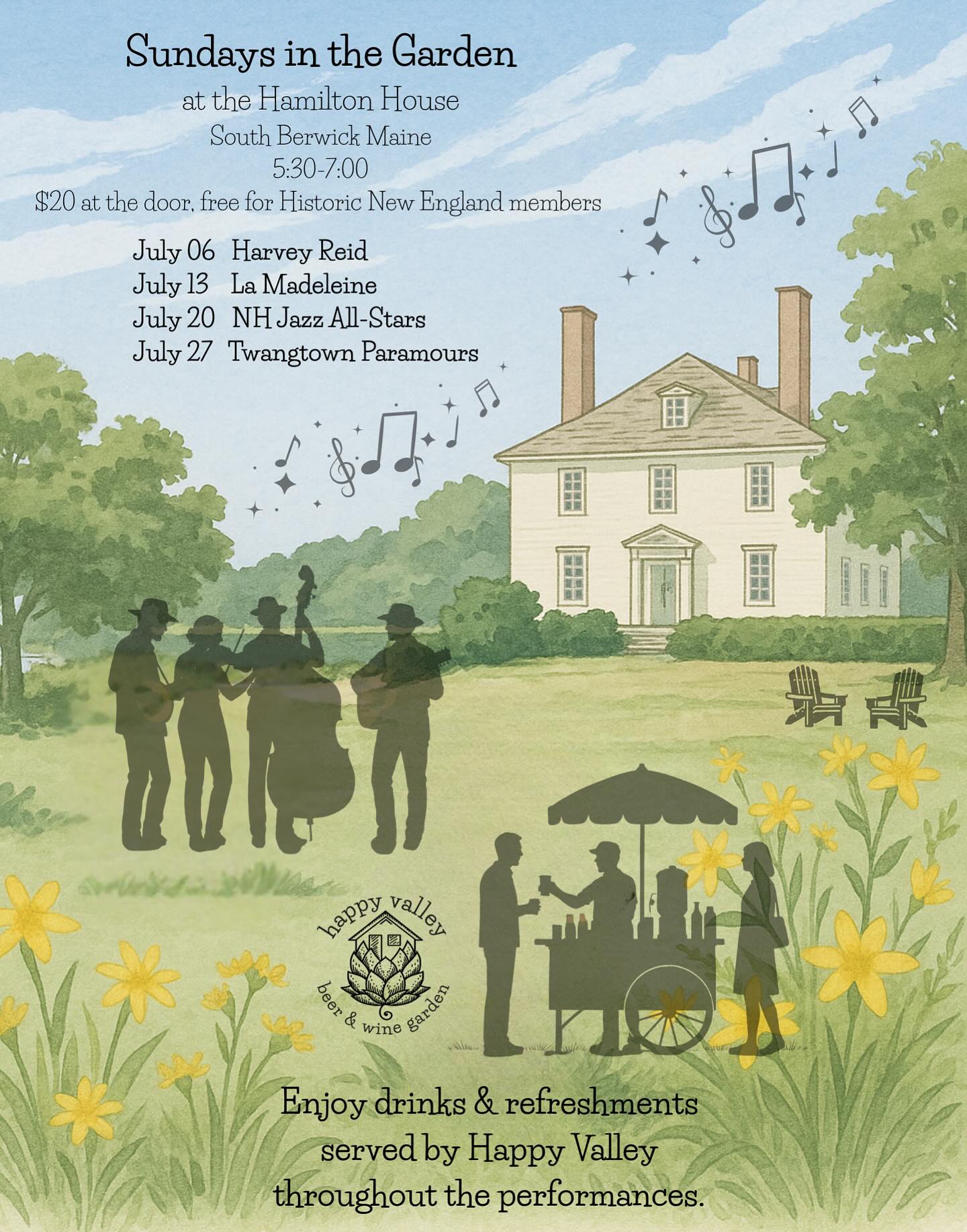 Four perfect Sundays await. âšđ¶
The Happy Valley portable beer cart will be serving cold beer, wine and refreshments every Sunday in July at the Hamilton House Garden for their Summer concert series. $20 at the door, free for Historic New England members!
.
.
.
#southberwick #southberwickmaine #hamiltonhouse #historicnewengland #drinkoutside #getoutside #gardenparty