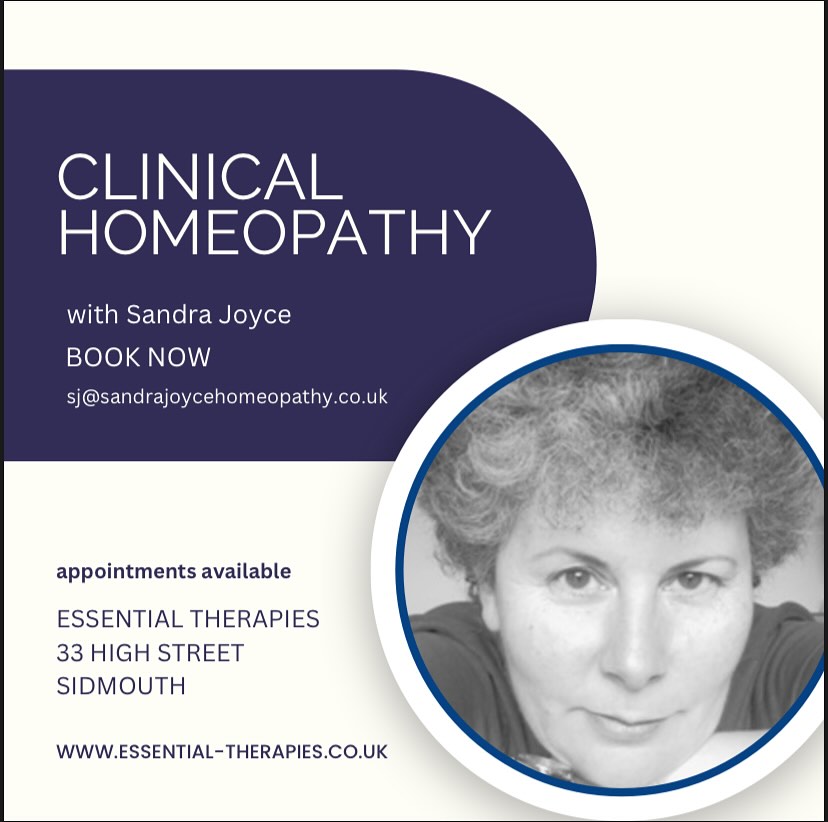 Sandra Joyce established her homeopathic practice in East Devon and Exeter in 2012 and now works locally, nationally, and internationally as an experienced master practitioner dealing with a wide range of medical and therapeutic issues: anything that you might bring to the attention of a GP or specialist is likely to benefit from homeopathy as an alternative or complimentary treatment.
Contact Sandra to book your appointment:
sjhomeopath@gmail.com
Find out more:
www.essential-therapies.co.uk
#homeopathicmedicine #homeopathic #homeopath #devonhomeopath #sidmouth #devon #eastdevon #exeter #exmouth #honiton #axminster #budleighsalterton