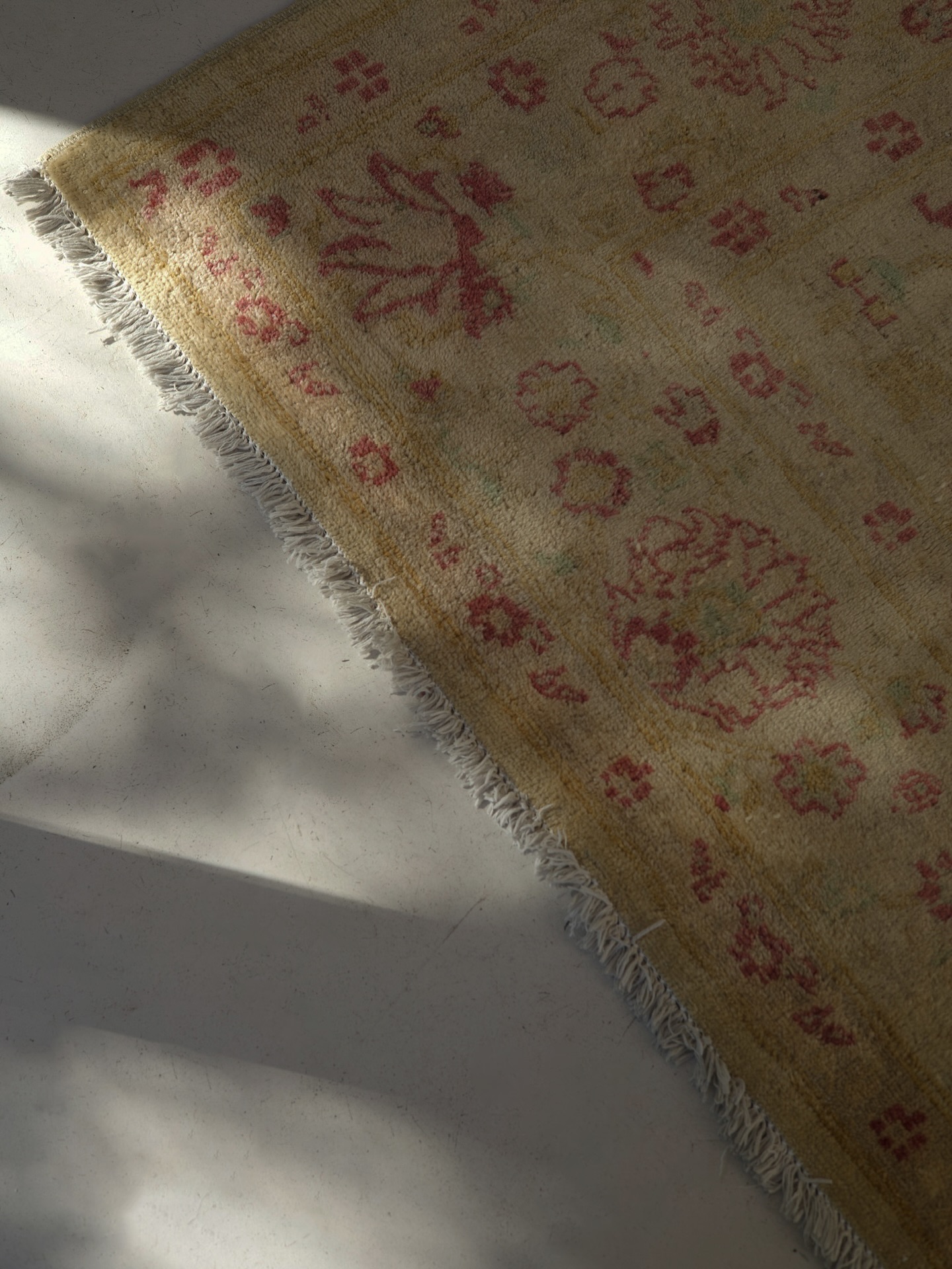 A very aesthetic rug with a cream background and very faded red pattern ♥️