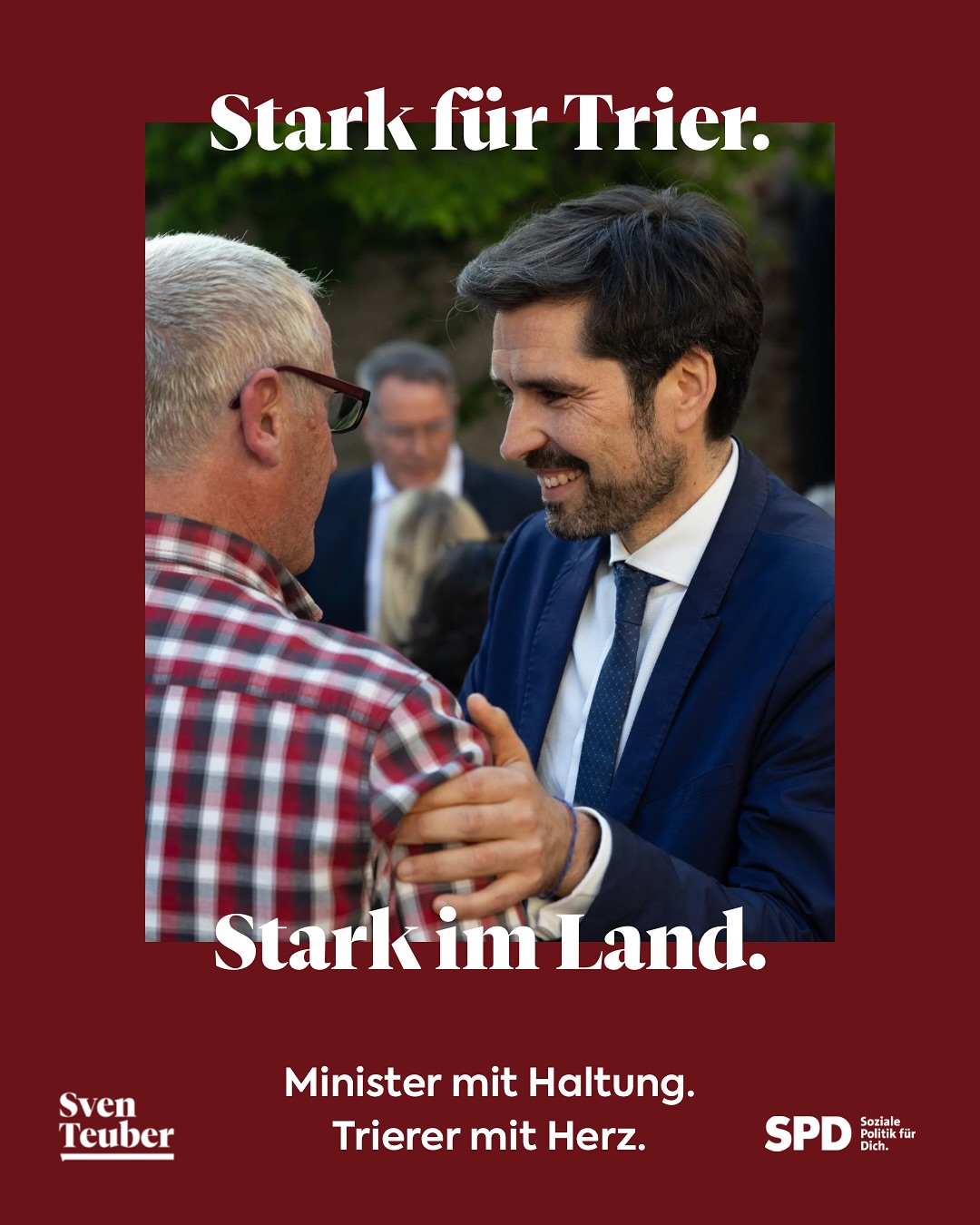 Stark für Trier. Stark im Land.
Trierer mit Herz. Minister mit Haltung.
Das bin ich für Dich - gerne auch weiterhin.
Und wenn Du mehr über mich und meine Arbeit wissen willst: scroll dich durch, kontaktiere mich.
#sventeuber #trier #trierimlandtag