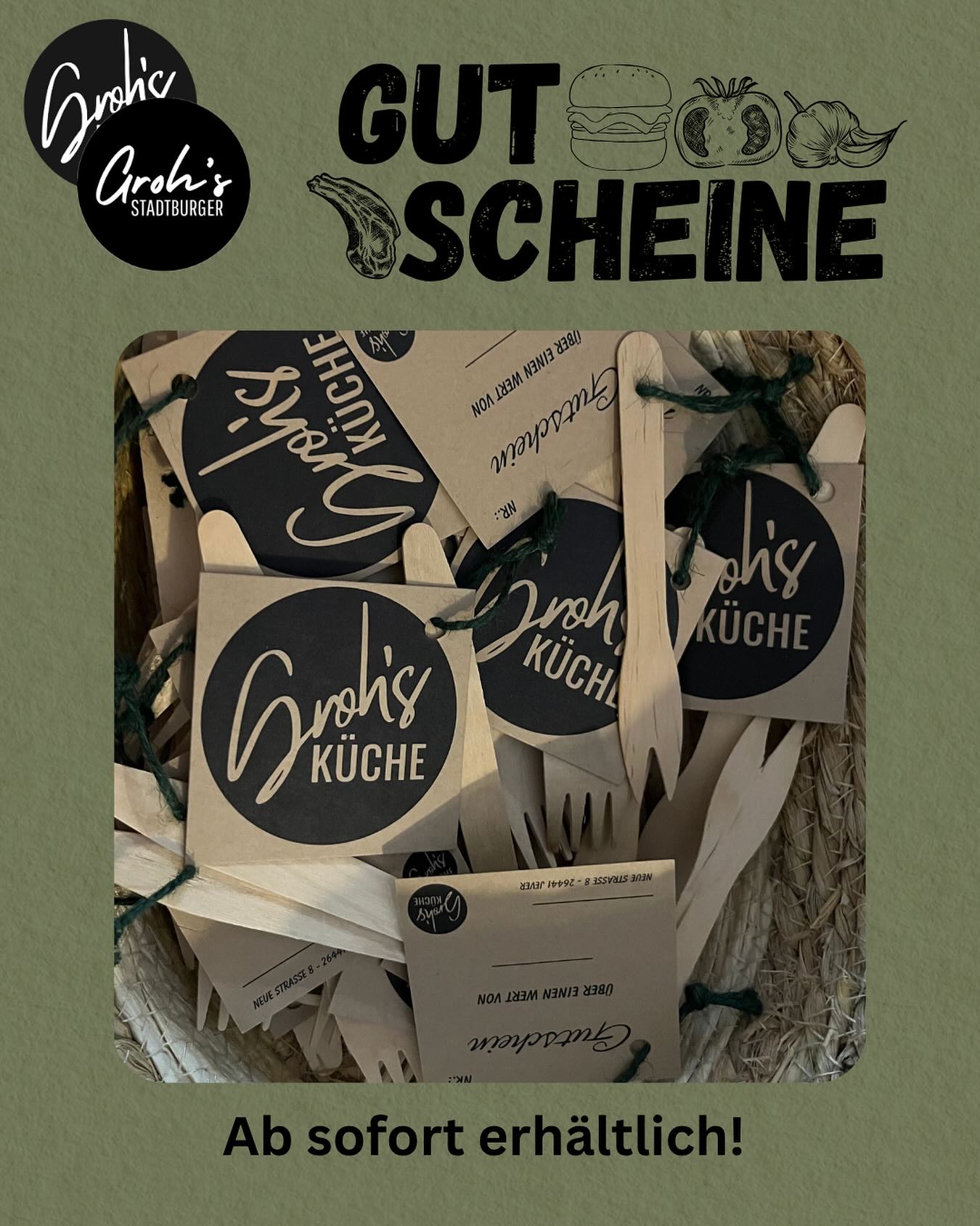Ihr seid gespannt auf unseren neuen Burgerladen?
Gutscheine zum verschenken für eure Liebsten könnt ihr schon jetzt in der Groh‘s Küche erwerben!
Zukünftig könnt ihr nämlich eure Gutscheine in beiden Läden einlösen.
Wir freuen uns auf euch!