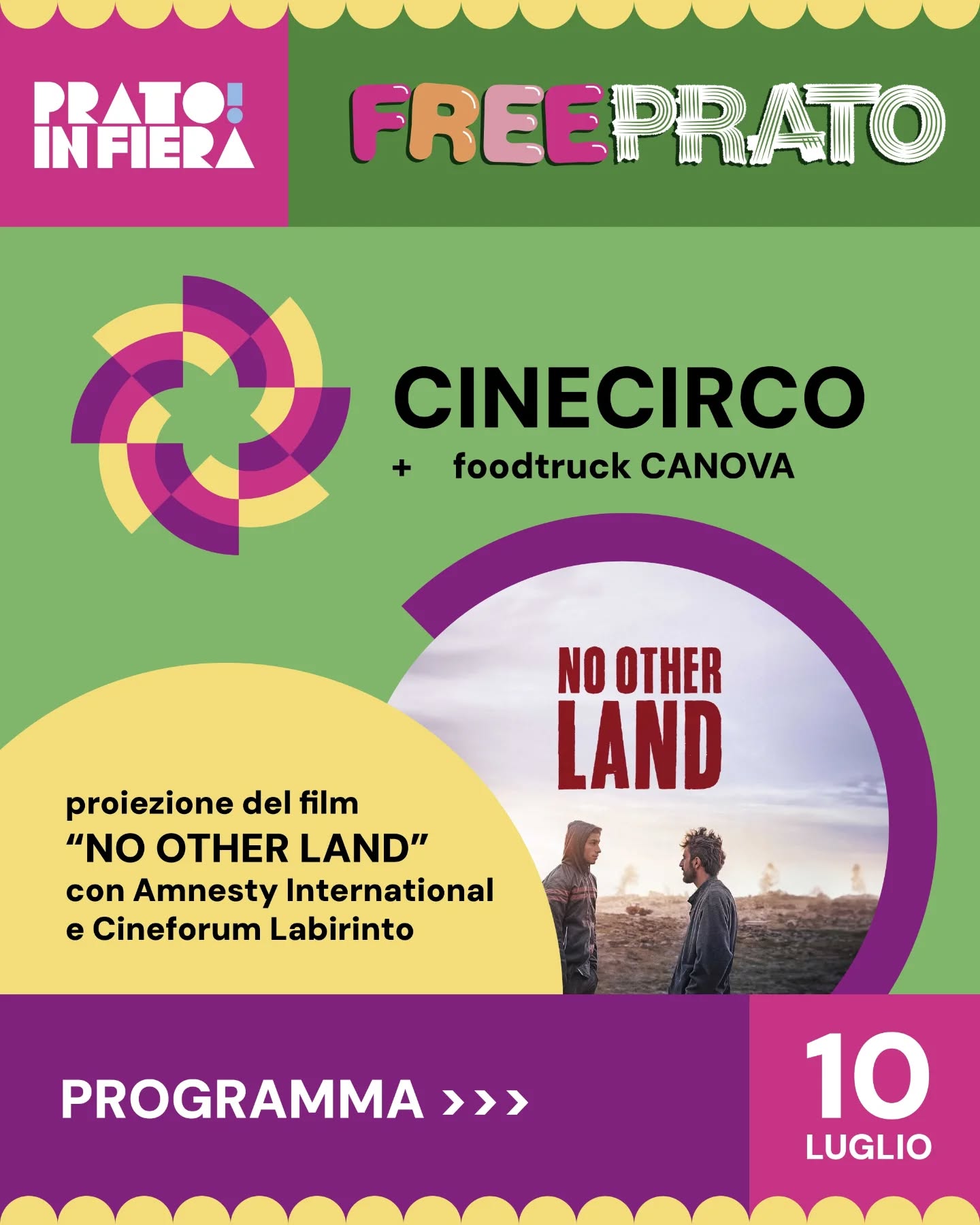 Giovedì 10 luglio, a Prato in Fiera arriva "No Other Land", documentario vincitore dell’Oscar 2025, realizzato da un collettivo israelo-palestinese.
Scorri le immagini per leggere il programma completo!
L’ingresso è libero con offerta responsabile. Prenotazione consigliata al link in bio.
Se puoi, raggiungi il prato a piedi o in bicicletta!
💚 Il tuo contributo consapevole aiuta a far crescere questo progetto, ti aspettiamo!
#PratoinFiera #Freeprato #CineCirco #NoOtherLand