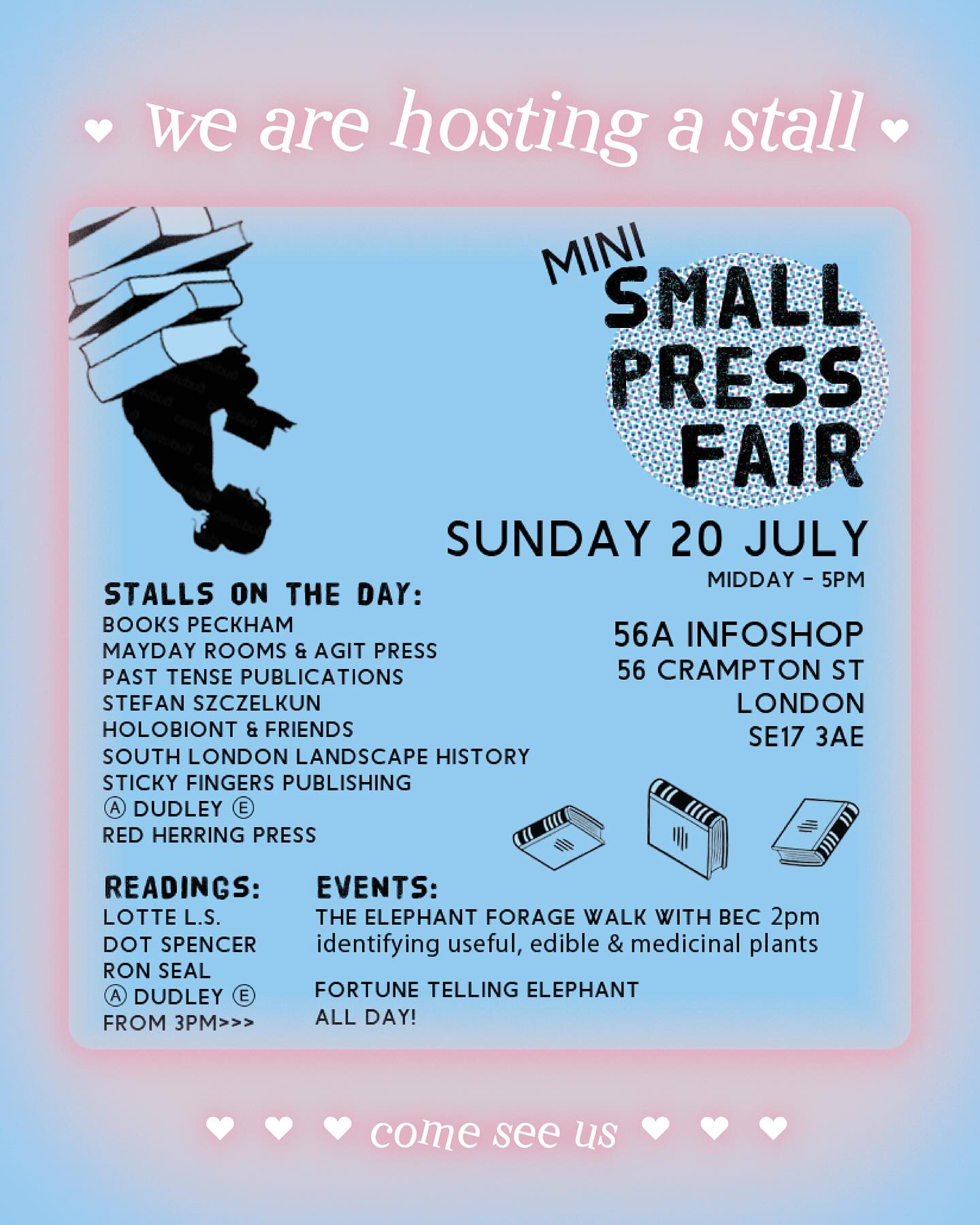 Looking forward to be running a stall at this next Sunday at @56a_infoshop from 12-5PM. We’ll have a mix of zines, publications, artwork, badges, stickers and tees. Might even bring some live screen printing gear 👀! Some projects will be donating profits.
Come see us and the other peeps 💞
Lots of Love,
holobiont
ps. if you want to be part of this, dm us and we’ll see if it’s a fit for our table. :)