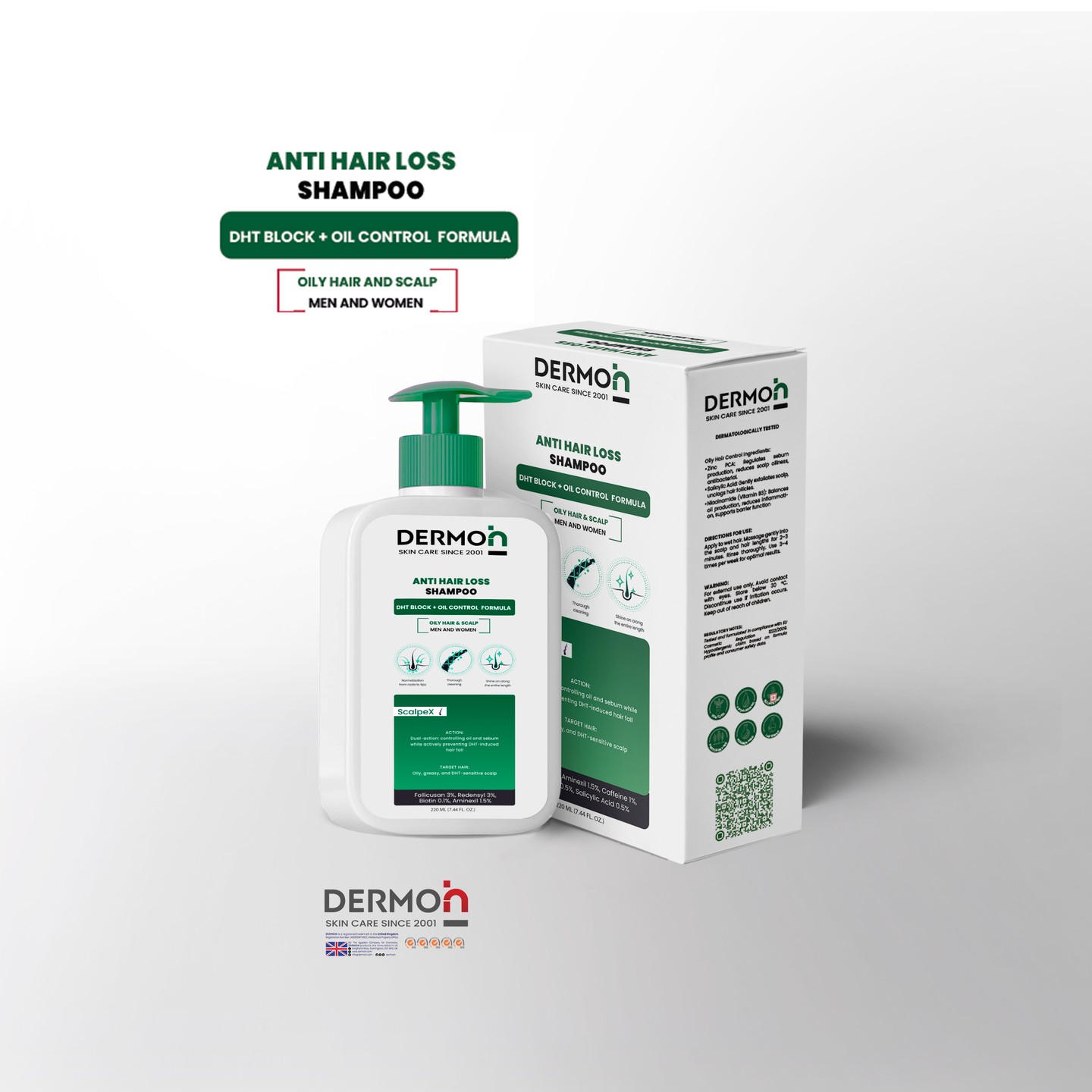 DERMOiN ANTI HAIR LOSS SHAMPOO OILY HAIR & SCALP
DERMOiN ANTI HAIR LOSS Shampoo:
– Oily Scalp Formula: A purifying shampoo specially formulated for men and women with oily scalp and hair prone to thinning. It helps control excess sebum, unclog hair follicles, and reduce scalp buildup while delivering clinically proven actives that combat hair loss, energize the roots, and support healthier, fuller hair growth.