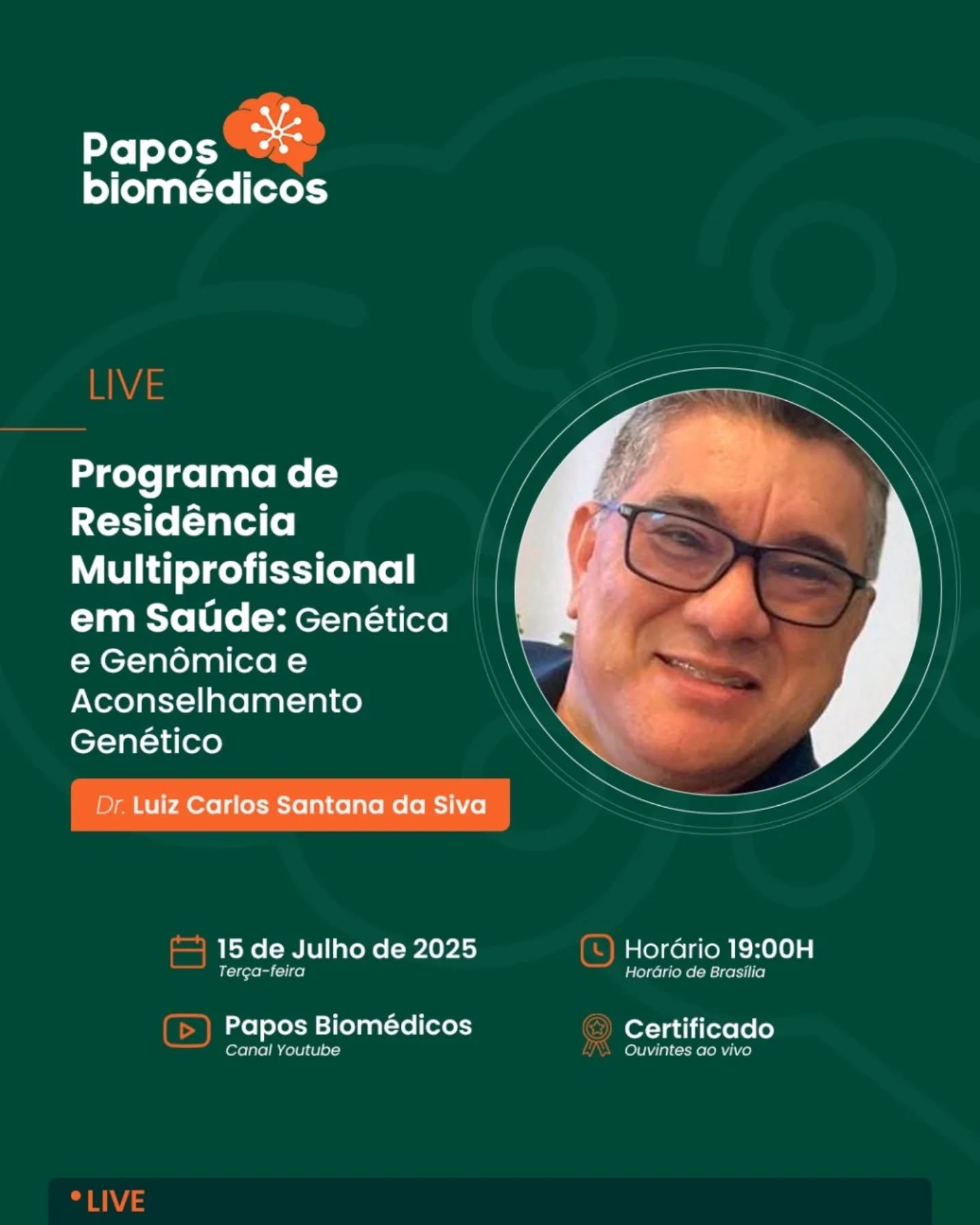 Pensando em ingressar em uma Residência?
Na próxima live do Papos Biomédicos o Dr. Luiz Carlos Santana da Silva vai apresentar e tirar dúvidas sobre o novo Programa de Residência Multiprofissional em Saúde voltado para Genética e Genomica e Aconselhamento Genético pela Universidade Federal do Pará (@ufpa_oficial ).
O Programa será um dos primeiros do Brasil! Não perca essa oportunidade e aproveite, pode ser um novo passo para sua carreira profissional!
Save the Date!
📅 Data: 15 de julho de 2025 (terça-feira)
⏰ Horário: 19h (horário de Brasília)
📍 Canal: Papos Biomédicos
📜 Certificação para ouvintes ao vivo
.
.
.
#PaposBiomédicos #ufpa #LiveCientífica #AtualizaçãoProfissional #Biomedicina #CiênciaEmFoco #educação #saúde #live