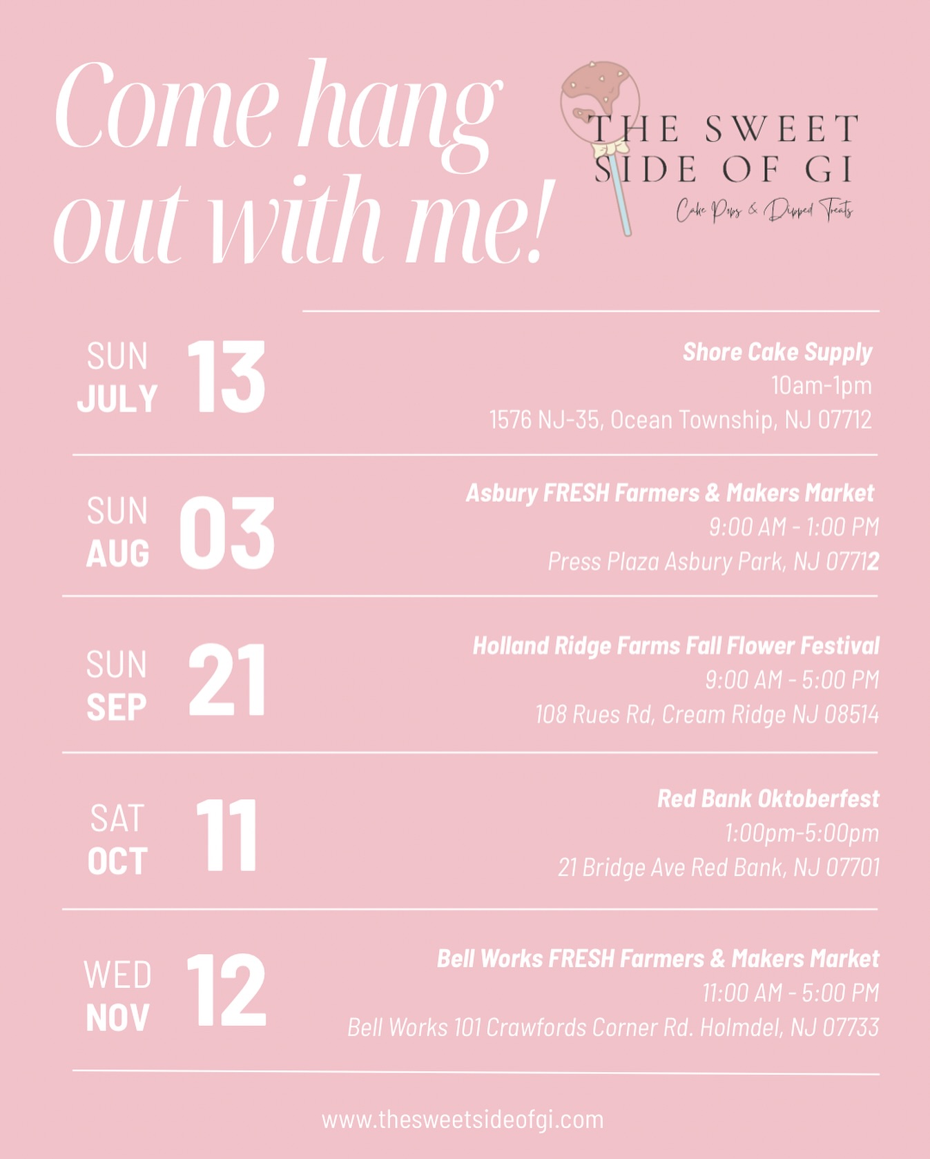 I’ll be popping up at a few spots all over Monmouth County 🎉 Whether you’re coming for the treats, or just to say hey, I can’t wait to see you! 🩷
•
Bring your friends, your sweet tooth, and your good energy 💕
•
•
#monmouthcountyevents #bellworks #asburypark #hollandridgefarm #cakepops #explore