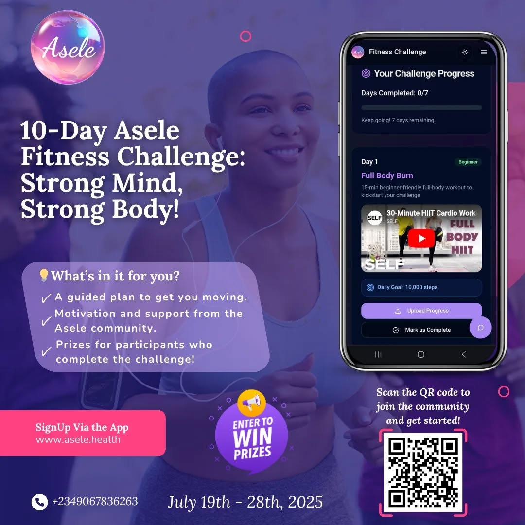 🔥 Ready to transform your mind AND body in just 10 days? 💪
The Asele Fitness Challenge is here to kickstart your journey to a stronger, healthier you! Whether you're a beginner or fitness enthusiast, our community-driven challenge has everything you need:
✨ Guided daily workouts that actually work
✨ Real motivation from amazing people just like you
✨ Exciting prizes for those who complete the challenge
✨ A supportive community cheering you on every step
No gym? No problem! These workouts are designed to fit YOUR life, YOUR schedule, YOUR goals.
Your strongest self is just 10 days away. Are you ready to meet her? 💜
Join thousands who are already transforming their lives. Scan the QR code or visit www.asele.health to become part of the Asele community today!
#AseleFitnessChallenge #FitnessChallenge #10DayChallenge #StrongMindStrongBody #FitnessMotivation #WorkoutChallenge #HealthyLifestyle #FitnessJourney #CommunityFitness #TransformationChallenge #HealthyHabits #FitnessGoals #WellnessChallenge #BodyPositivity #FitnessInspiration #HealthyCommunity #WorkoutMotivation #FitnessApp #StayActive #HealthyLiving #FitnessFamily #ChallengeAccepted #GetFit #HealthyChoices #FitnessLife
