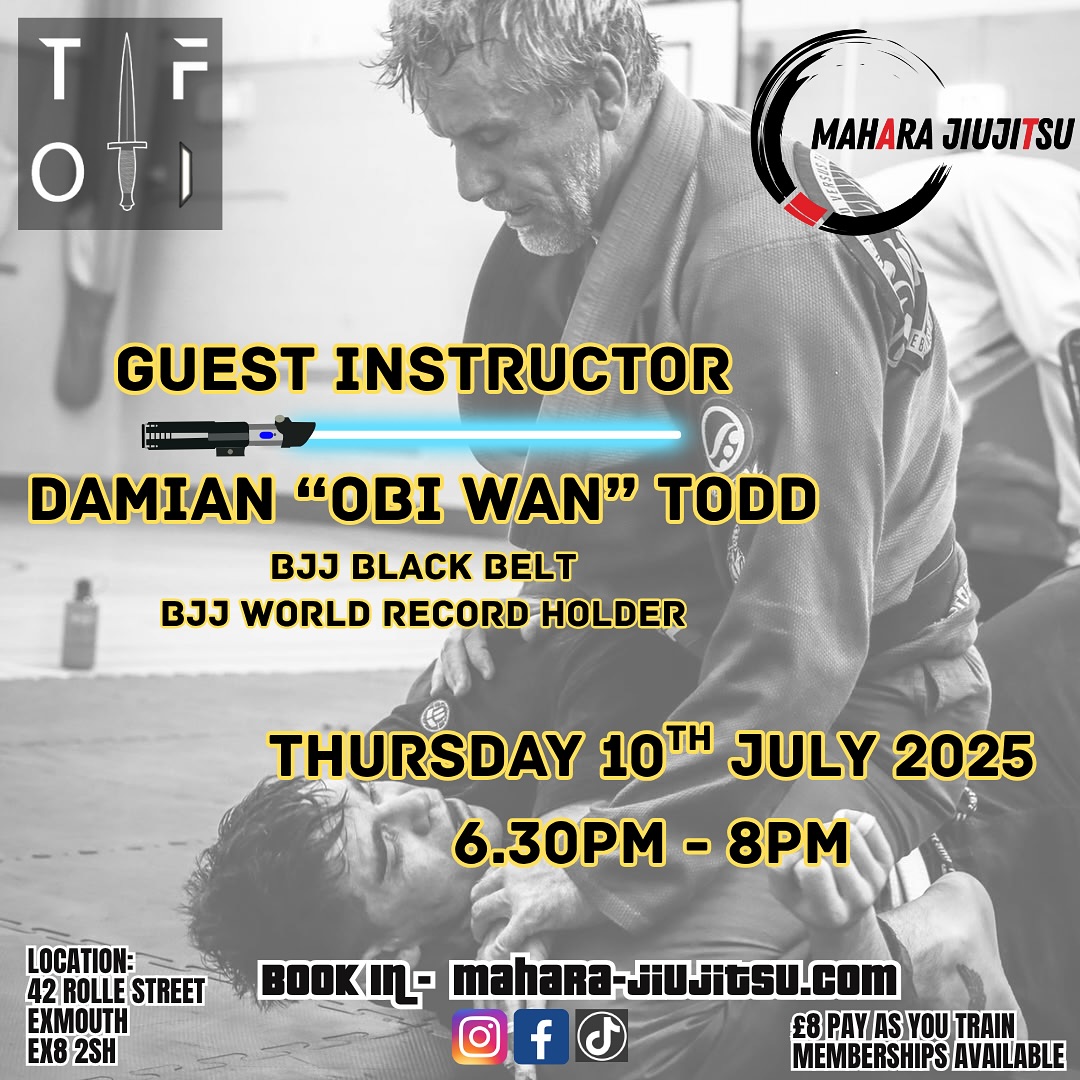 Thursdays Class - Damian “Obi Wan”Todd
Former Royal Marine, BJJ Black Belt and World Record Holder for 24hrs non stop rolling.
Book through the website. 6.30pm - 8pm