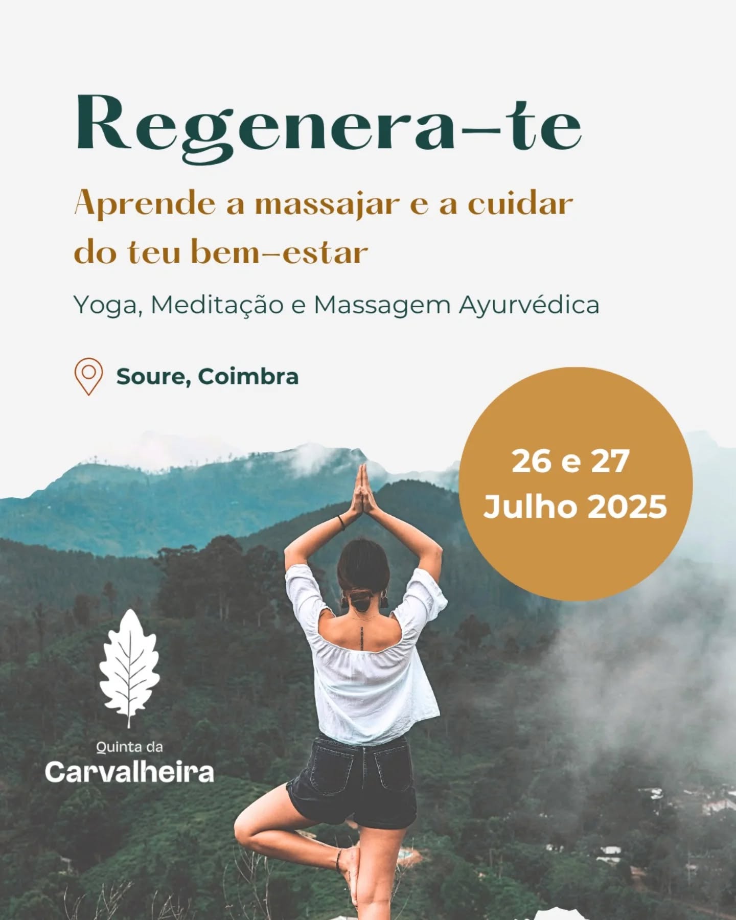REGENERA-TE 🍃
com Lara Matias
Neste fim de semana convidamos-te a vir conhecer uma primeira abordagem à prática da massagem Ayurvedica, à prática de Yoga integral e à meditação Vipassana, Zen e Raja Yoga.
Irás levar contigo:
- Sequências de Yoga para praticar sozinho/a
- Técnicas de meditação para integrar no dia a dia
- Uma massagem completa para oferecer momentos de bem-estar a quem se deseja regenerar
Inscrições e mais info no link da bio.
