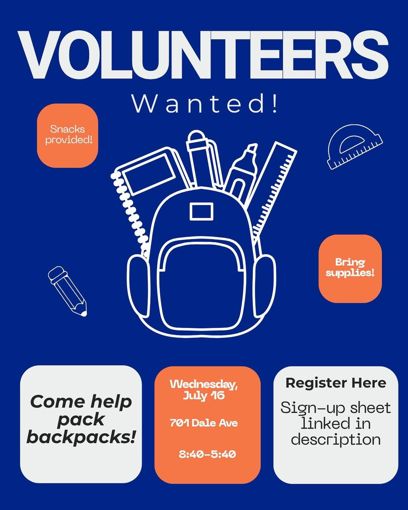 Come pack backpacks with us next Wednesday, July 16th!!! We will be providing snacks, and please bring any supplies or donations if you have any! This will take place at our warehouse located at 701 Dale Avenue in Charlottesville. Please join us!! Sign up sheet: https://docs.google.com/spreadsheets/d/1NX87AW_mqZEVuUUhzfAsSUC0IhckntZHMwpzbrT0R9Y/edit?usp=drivesdk