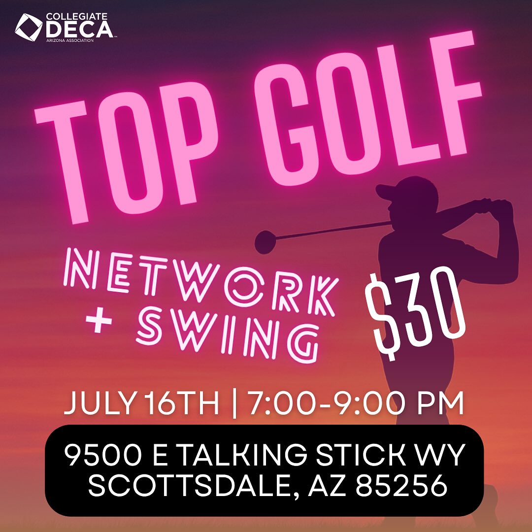 🎯 DECA Summer Swing & Social!
Join us for a chill night of networking, laughter, and a few (maybe off-course) golf swings ⛳️
📍Top Golf – 9500 E Talking Stick Way, Scottsdale
📅 Tuesday, July 16th
🕖 7:00 PM
💵 Estimated cost: $30 (everyone pays their own way)
👥 Open to all Collegiate DECA members!
No dress code, no pressure — just a fun way to stay connected this summer.
🔗 Link in bio to RSVP or message us if you’re coming!
#DECASocial #NetworkingNight #TopGolfVibes #SummerWithDECA