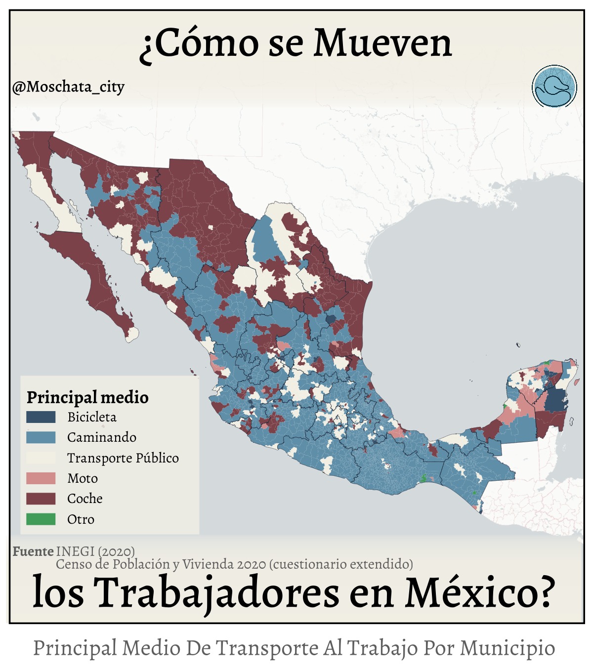 🚶♀️ ¿Cómo se mueven las y los trabajadores en #mexico?
Los datos del Censo revelan un panorama muy claro sobre la movilidad cotidiana en el país. La partición modal nacional —es decir, la proporción de personas que usan cada tipo de transporte para ir al trabajo— es la siguiente:
🚶 Caminando: 38.40%
🚌 Transporte público: 28.89%
🚗 Coche (incluye taxi y apps): 24.79%
🏍️ Motocicleta: 3.54%
🚲 Bicicleta: 3.24%
❓ Otro: 1.15%
Lo más notable es que la mayoría de los municipios tienen a caminar como principal modo de traslado al trabajo. En contraste, solo una cuarta parte de los viajes se hacen en coche, lo cual contrasta fuertemente con las prioridades presupuestales, que suelen enfocarse en mejorar el flujo vehicular antes que en atender a quienes se mueven a pie o en transporte colectivo.
Por ejemplo, en #monterrey solo los municipios centrales tienen el coche como principal medio, mientras que los periféricos usan transporet público. Por el otro lado en #cdmx sólo Benito Juárez usa principalmente el coche.
Para este análisis:
El transporte público agrupa metro, trolebús, BRT, camiones y transporte de personal.
El coche incluye autos particulares, taxis tradicionales y servicios por aplicación.
La categoría "Otro" abarca modos no convencionales, como lanchas, trajineras, caballos o incluso aviones privados.
🚲 Aunque el 3.2% de los viajes se realizan en bicicleta, este dato es significativo, sobre todo considerando la falta de infraestructura ciclista en buena parte del país.
¿Qué opinas de estos resultados? ¿crees que el presupuesto debería de pasar a un mínimo obligatorio para el tranpsorte público? ¿Qué opinas de este nuevo formato de post? Abramos debate en los comentarios.
.
.
.
.
.
#coche #bicicleta #caminar #banqueta #peaton #infraestructura #transportepublico #metro #camion #guadalajara #tijuana #merida #puebla #toluca #mexico #mapas #datos #inegi #Moschata