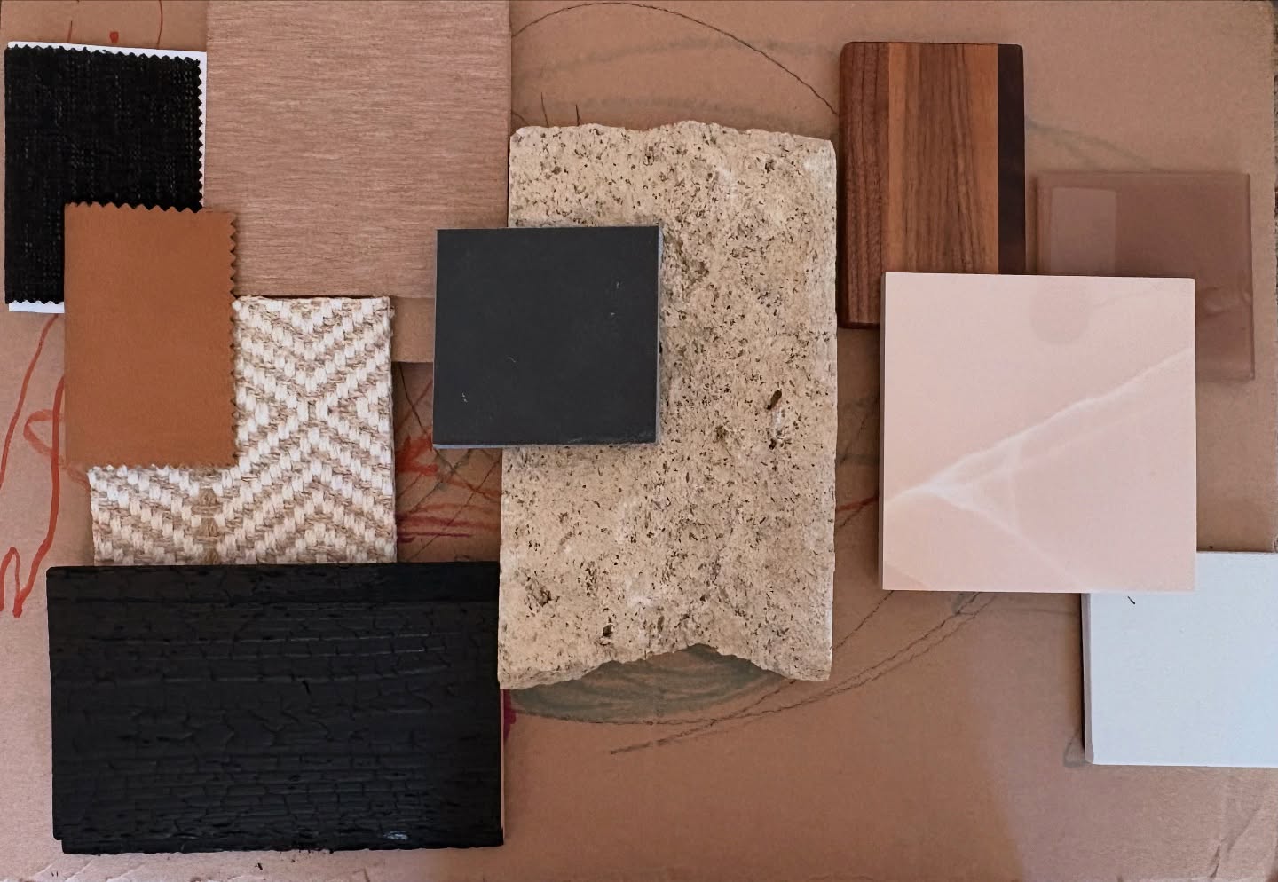 Having some fun with this palette this morning. The temperature is feeling just right. Shou sugi wood, drystack limestone, cedar, pink onyx marble, classic carbon concrete, and some corten steel to wrap it up. And yes, we use cardboard with doodles as a backdrop! - XO, Biba!
