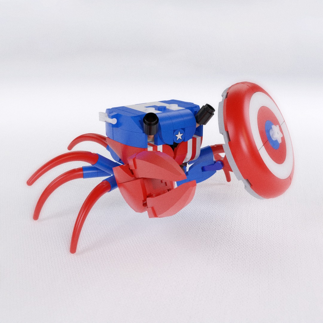 This is Crabtain America, a crab I designed for "Time for crab!"
People in the LEGO community challenge each other every year to make crabs in new and interesting ways. Captain America is a pretty recognizable character, so I wanted to see if I could recreate his most iconic features in my crab. I'm really happy with some of the building techniques I used to create the red and white stripes and the 'A' on his back, while keeping the model so small.