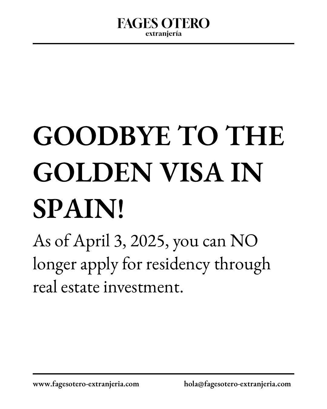 🚨 Attention investors and foreign residents:
As of April 3, 2025, you can NO longer apply for residency through real estate investment in Spain.
The famous Golden Visa is officially gone under Organic Law 1/2025.
But what if you already have one? And what options are available now?
At FAGES OTERO EXTRANJERIA we help you understand everything and find the best alternative for your situation.
💬 Message us and we’ll guide you step by step!
#GoldenVisa #SpainResidency #RealEstateInvestment #Immigration #FagesOtero #VisaSpain #NonLucrativeVisa