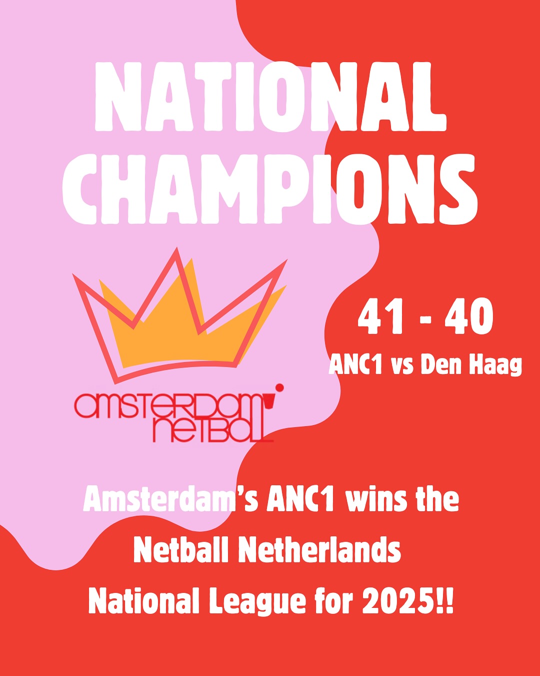 We are soooooooo proud of ANC1 for taking out the top of spot of the 2025 @netballnetherlands League against @thehaguenetball last week. It was a NAIL BITER! Thank you soooooo much to all our volunteers who make this League happen. In just a few years it has really grown #netballinthenetherlands and it is SO. MUCH. FUN. 🤩❤️🏐💪👟🇳🇱