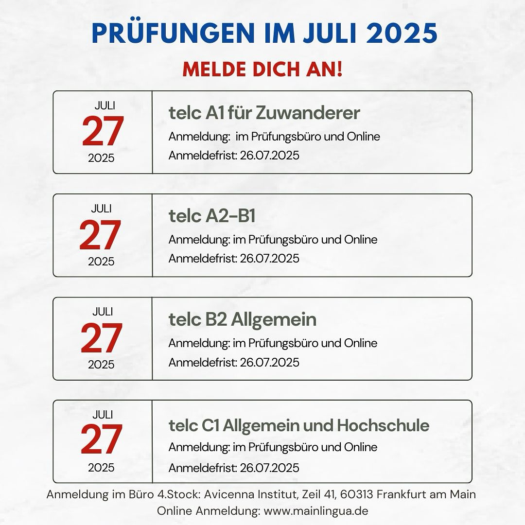 telc PrĂźfungen im Juli! đ¤
Anmeldung im PrĂźfungsbĂźro oder online unter:
https://www.mainlingua.de/exams#/de/classes
â˘
â˘
â˘
â˘
â˘
#telcprĂźfung #telc #prĂźfung #deutschesprache #deutschprĂźfung #frankfurt #avicenna