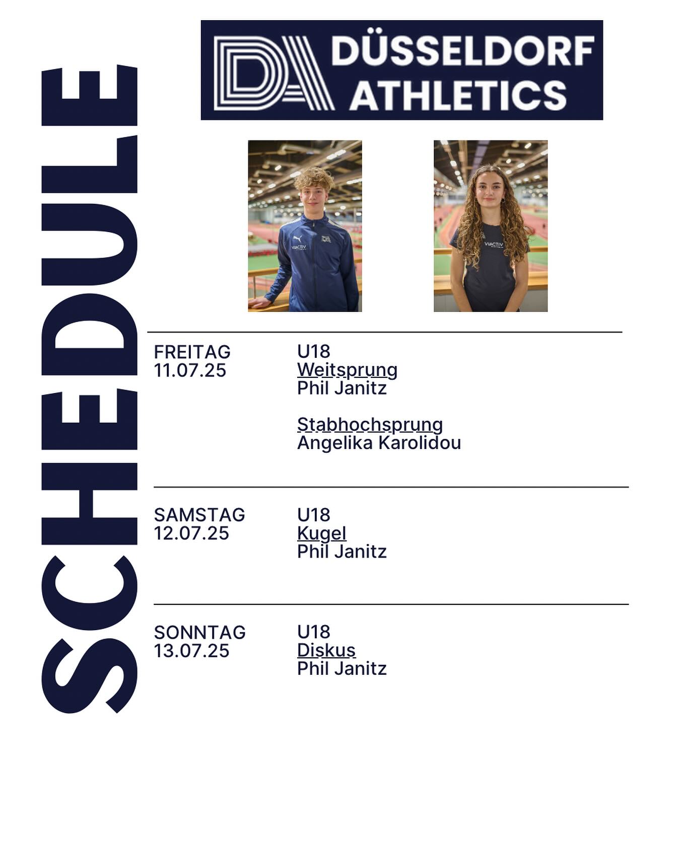 📣 Deutsche U18/U20 Meisterschaften in Bochum! 🇩🇪
Dieses Wochenende (11.–13. Juli) trifft sich Deutschlands Nachwuchselite in der Leichtathletik zu den deutschen Meisterschaften – und Düsseldorf Athletics ist mit zwei starken Athlet:innen am Start! 💪🔥
Phil Janitz (U18) startet gleich in drei Disziplinen:
🔹 Weitsprung
🔹 Diskuswurf
🔹 Kugelstoßen
Angelika Karolidou (U18) geht im Stabhochsprung an den Start und kämpft um neue Höhen! 💥
Wir drücken euch fest die Daumen und sind stolz, euch dabei zu haben! 🙌
📍 Bochum – Wattenscheid
📅 11.–13. Juli
#DüsseldorfAthletics #U18U20DM #Bochum2025 #Leichtathletik #TeamSpirit #Nachwuchstalente #Stabhochsprung #Weitsprung #Diskuswurf #Kugelstoßen #fasterhigherfurthertogether #germanyathletics