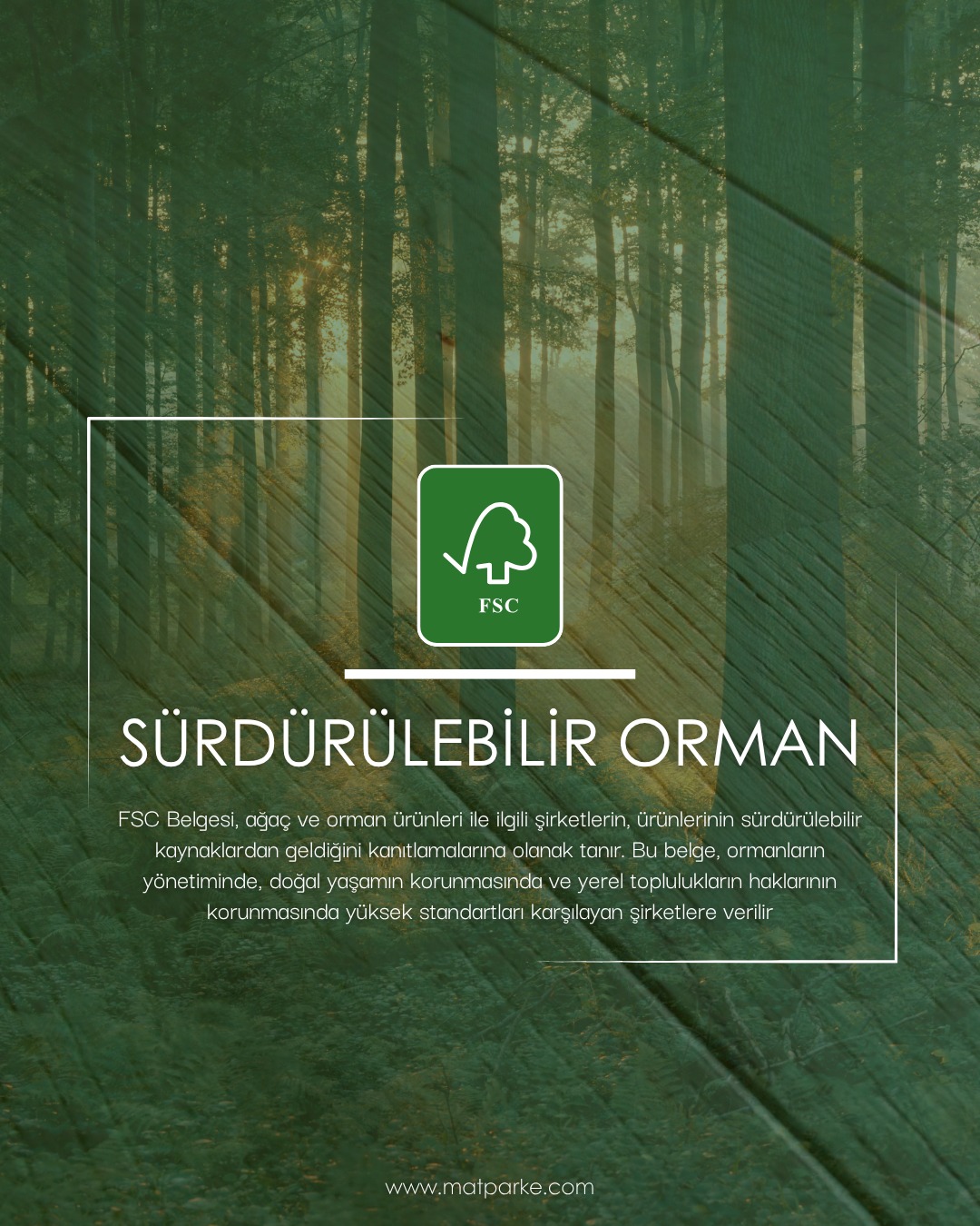 Lamine parkelerimizle mekanlarınıza sıcaklık ve zarafet katarken, gelecek nesillere daha yaşanılır bir dünya bırakma sorumluluğunu da üstleniyoruz. Avrupa'nın önde gelen markalarıyla iş birliğimizde FSC sertifikalı ürünleri tercih ederek, sürdürülebilir ormancılığı ve doğal yaşamı destekliyoruz. Evinizin her köşesinde şıklık, kalbinizde huzur!