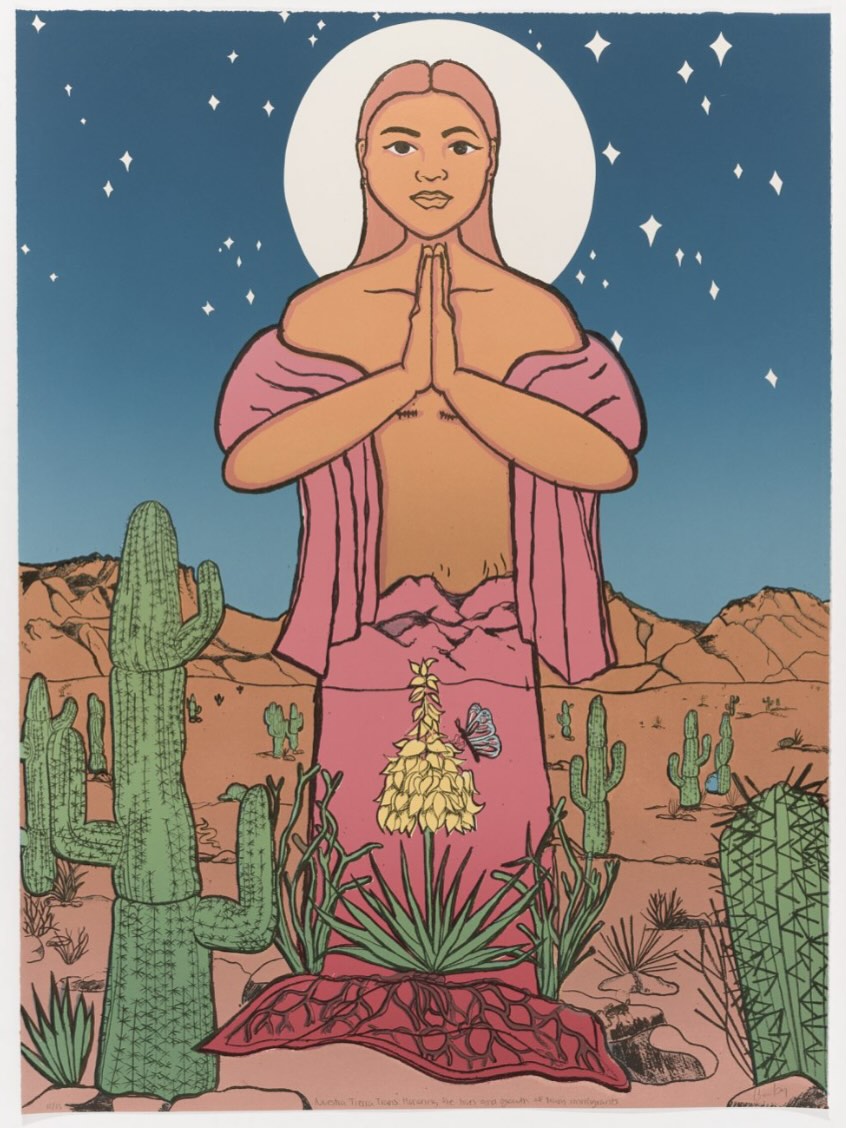 Nuestra Tierra Trans
A lithographic print shows a transgender guardian angel in the Arizona desert, a region where many immigrants risk their lives seeking safety and opportunity. For transgender people aiming to transition or live authentically, this journey involves significant risks. The artwork reinterprets the religious figure as a trans individual who protects all immigrants in their pursuit of a better life.
Nuestra Tierra Trans was developed through the Tipping Point Project, a partnership between the City of Albuquerque and the Tamarind Institute. The print was made in collaboration with Tamarind student printer Lindsey Sigmin. The print is now part of the City of Albuquerque Public Art Collection, Tamarind’s Archive, and the University of New Mexico Art Museum.
