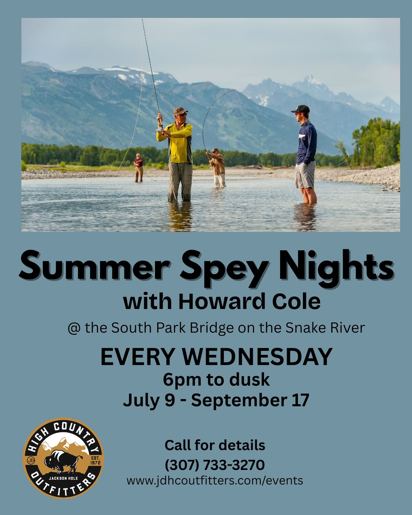 Summer Spey Nights are back!!
Join Howard Cole every Wednesday night at the South Park Bridge on the Snake River for an introduction to the world of Spey.
FREE and open to everyone
👉 Check out our events page for all the details and RSVP today #linkinbio
#jdhighcountryoutfitters #speycasting