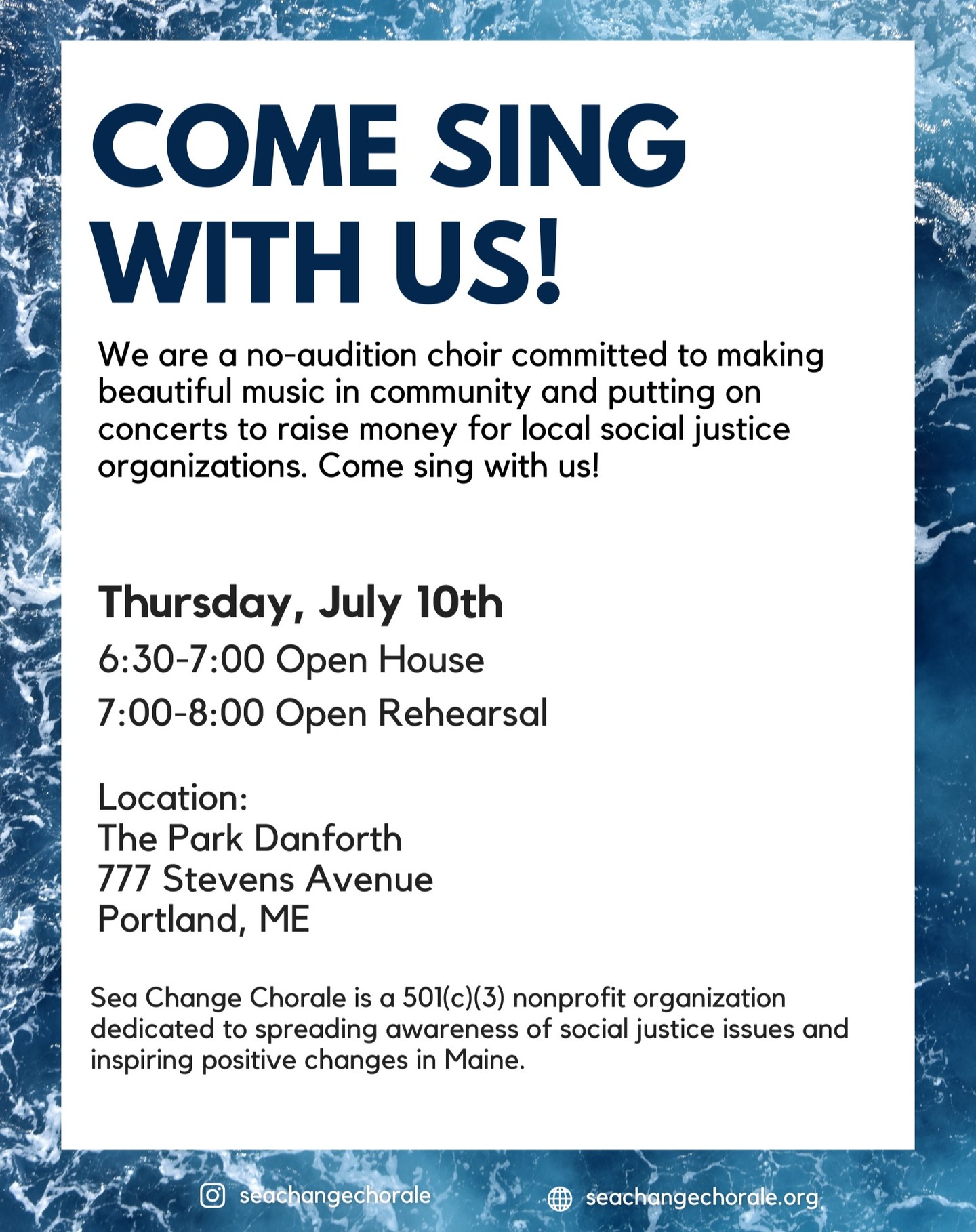 Come Sing With Us!
Love to sing? Looking for a joyful, welcoming community that believes in the power of music to inspire change?
Join Sea Change Chorale for our Open House on Thursday, July 10th at The Park Danforth in Portland!
6:30–7:00pm – Open House
7:00–8:00pm – Open Rehearsal
If you’ve been thinking about singing with a purpose—this is your sign. We’d love to have you.
📍 777 Stevens Ave, Portland, ME
🔗 seachangechorale.org
📸 @seachangechorale
#ComeSingWithUs #SeaChangeChorale #PortlandME #Choir #ChoirLife #SingForChange #Nonprofit