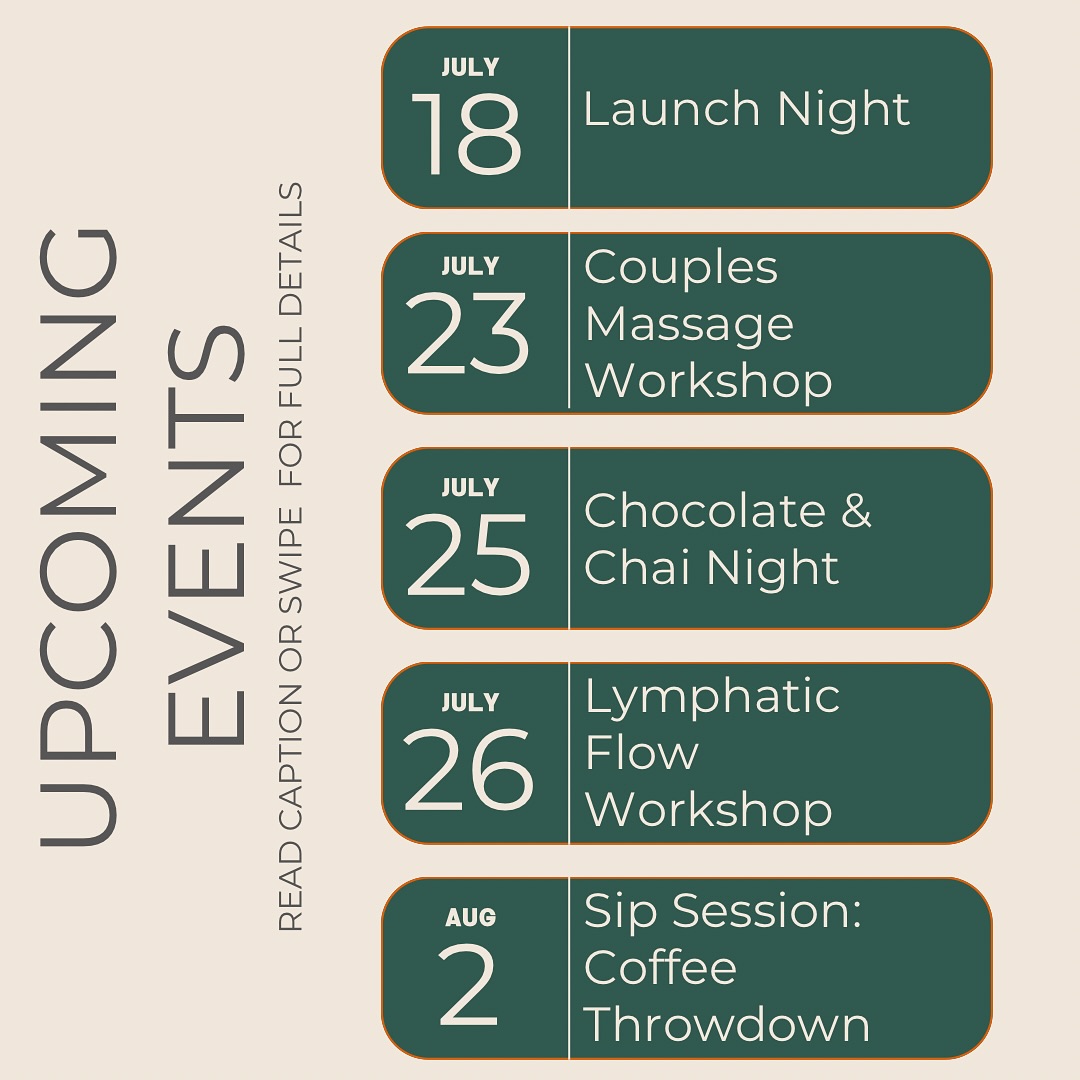 ✨ What’s On at Cardiff Wellness Lounge – July & August ✨
We’re officially launching — and you’re invited.
Whether you’re here to sip, stretch, plunge or learn something new, our Lounge Learning calendar is full of sensory, soul-soothing events to help you reconnect this summer.
🟢 18 July – Launch Night (free!)
💆♀️ 23 July – Couples Massage Workshop
🍫 25 July – Chocolate & Chai Night
🌿 26 July – Lymphatic Flow Workshop
☕ 2 Aug – Sip Session: Coffee Throwdown
📍 All events take place at Cardiff Wellness Lounge, CF11
🎟️ Spaces are limited – book now via the link in bio
👀 Indiegogo VIPs will receive a separate invite – no need to book Launch Night via this link
Let’s make this a summer of ritual, community and good vibes.
#CardiffWellnessLounge #LoungeLearning #CardiffEvents #SipSession #MassageWorkshop #WellnessCardiff @thecoffeeloungecdf
