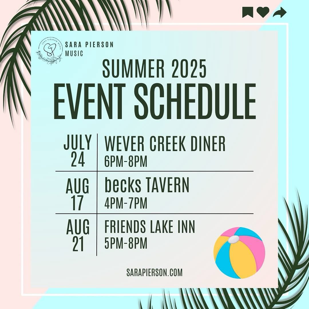 My Summer 2025 Gig Schedule is HERE!
I’m so excited to play at some of my favorite local spots this summer! Come out, enjoy the sunshine, grab a drink, and let’s make some music together.
July 24 – Wever Creek Diner | 6PM–8PM
August 17 – becks TAVERN | 4PM–7PM
August 21 – Friends Lake Inn | 5PM–8PM
More shows are being added all the time, so keep an eye out for updates!
Check out the full schedule (and any new gigs!) link in bio!
Let’s make this summer unforgettable!