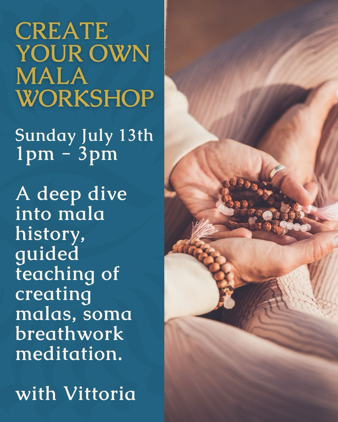 🧿 Create Your Own Mala Workshop
📅 Sunday, July 13 | ⏰ 1–3pm
Led by Vittoria
Malas are more than just beautiful necklaces — they are ancient tools for meditation, intention, and devotion. Traditionally made with 108 beads, malas have been used for centuries to help keep count during mantra repetition (japa), to bring focus to the mind, and to carry sacred energy through intentional creation.
In this heart-centered workshop, you’ll:
✨ Learn about the history and significance of malas in spiritual traditions
🧵 Be guided step-by-step to create your own mala with intention
🌬 Experience a Soma Breathwork meditation to ground and align
🫖 Enjoy tea, snacks, and community as we craft together
Whether you’re new to malas or you’ve used them for years, this is a chance to deepen your practice and create something meaningful.
💫 No experience needed — just come as you are.
#MalaWorkshop #HamiltonEvents #SoHamStudio #CreateWithIntention #YogaCommunity #MalaBeads #JapaMeditation #SomaBreathwork #HamiltonYoga #MindfulMaking