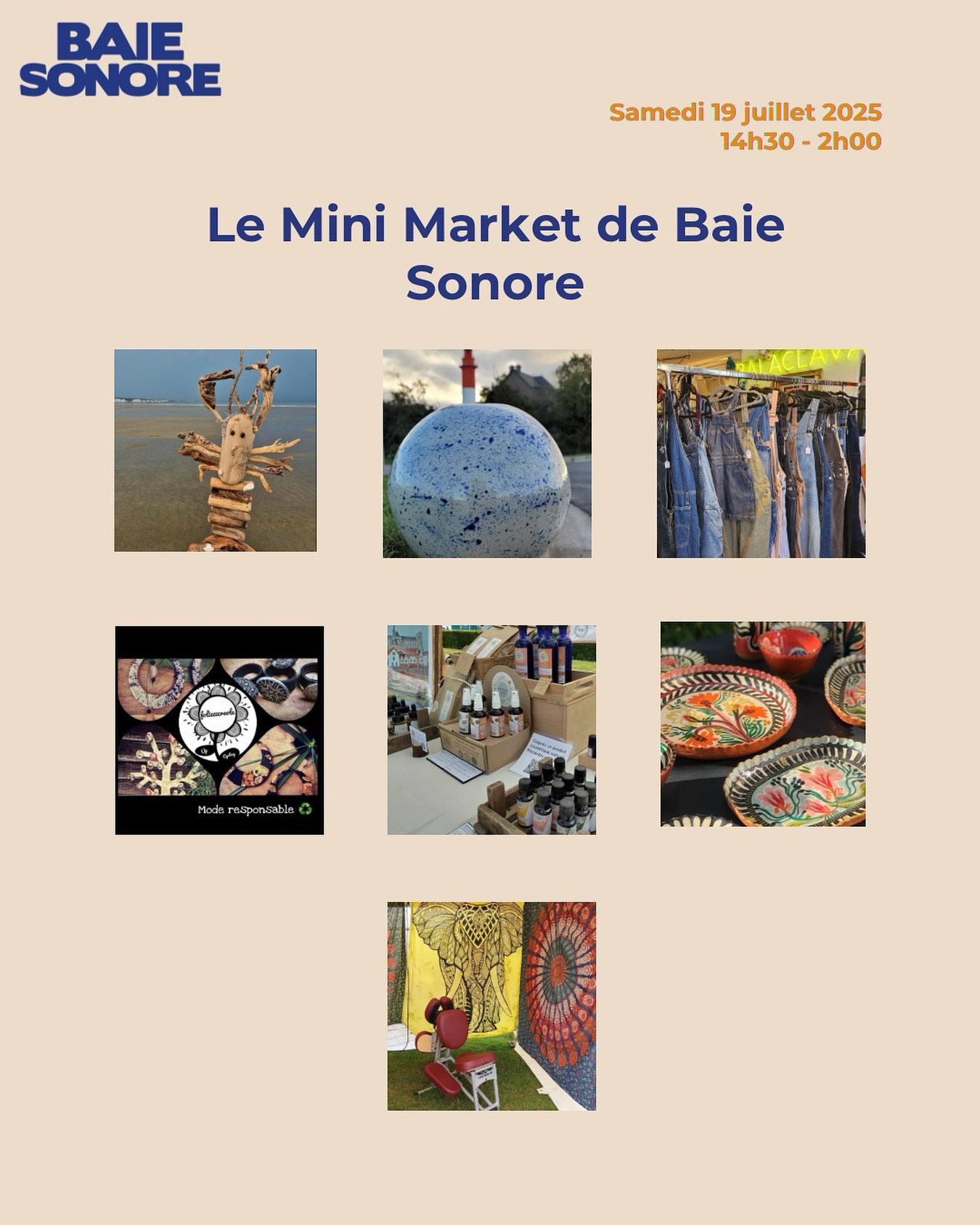 Le Mini Market de Baie Sonore ✨
Envie de dénicher de jolies créations et de prendre soin de vous ? De 14h30 à 18h45, venez découvrir 7 talents réunis au cœur du festival : artisanat en bois flotté avec l’ @atelierdesrevesdu80, bijoux et accessoires eco-responsables avec @foliezzcreole, cosmétiques naturels avec @macerats.et.tralala, céramiques colorées et objets artisanaux de @louisedefente et @sea_like_kty, fripes de chez @balaclava_fripe et même des massages bien-être avec Sev’ékilibre et @foulloyseverine pour une pause tout en douceur !
Baie Sonore, J-6 🌞