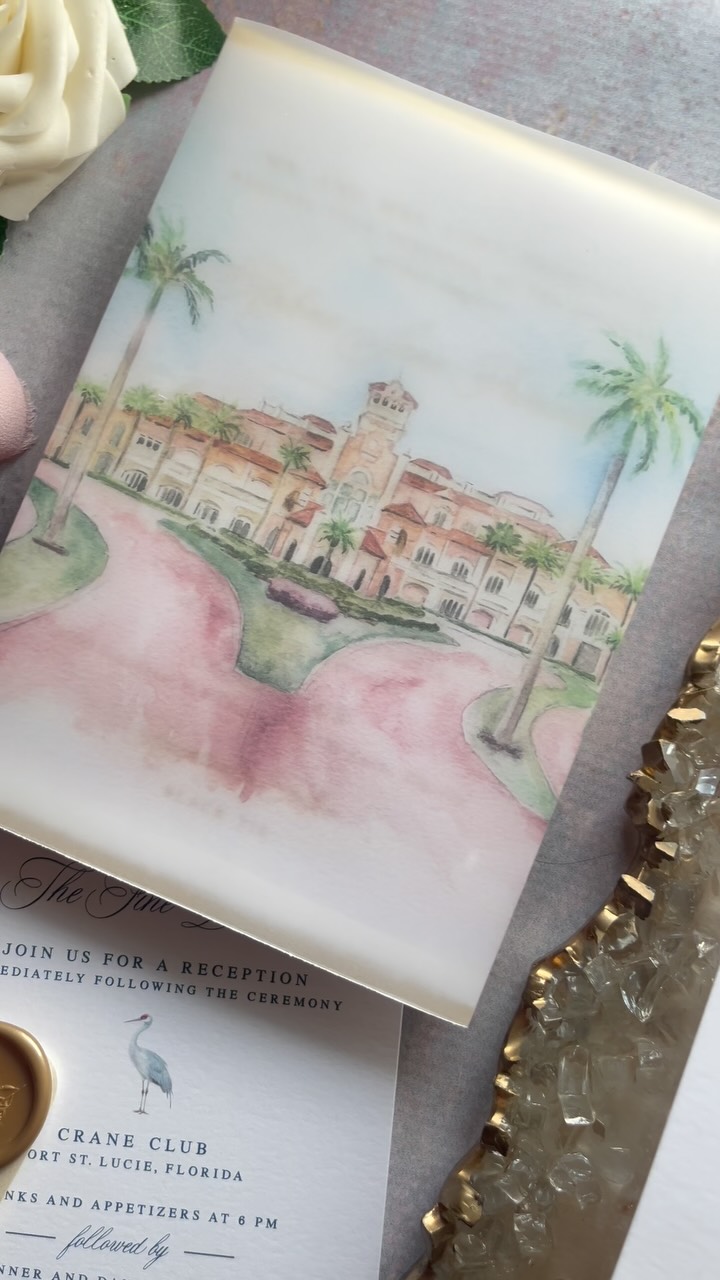 This version of the Crane Club suite pairs gold foil with a custom vellum jacket printed with the venue artwork — like a quiet little reveal of something unforgettable.
Classic styling on the inside, painterly romance on the outside. It’s a perfect blend for couples who want art and heirloom beauty.
@craneclub_florida — thanks for inspiring 🌿
#craneclubwedding #goldfoilweddinginvitations #vellumweddinginvitations #weddingvenueillustration #luxuryweddingstationery #customweddingdesign #coastalweddingstyle #fineartweddings #watercolorweddingart #papermuseco