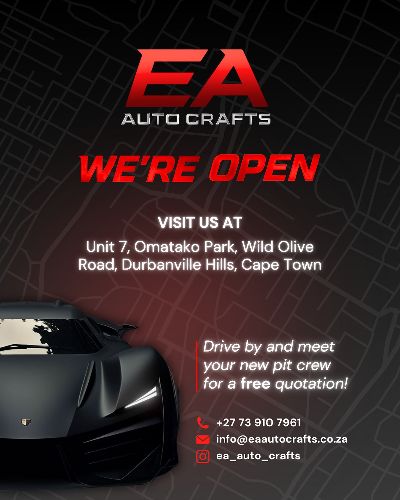 “We’re open and ready to transform your ride! 🚘 Swing by for a free quote and meet the EA Auto Crafts team in Durbanville Hills.”