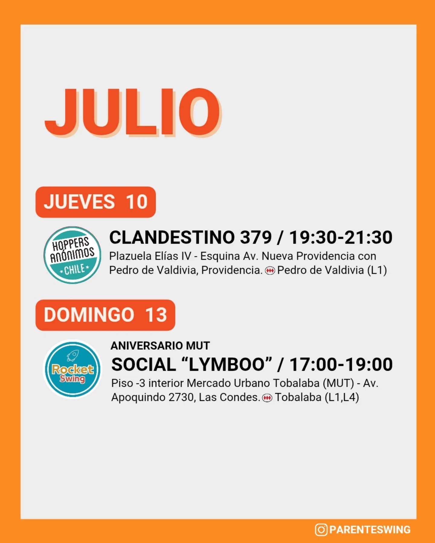 ✨Todos los eventos son gratuitos y abiertos a todo público, a menos que se indique valor de entrada 💸
‼️Cualquier modificación o nuevo evento en los comentarios👇🏻 y/o por historias 👆🏻
🤔 Qué es una Jam, Clandestino o Baile Social?
Una instancia donde fanáticos de los bailes swing (Lindy hop, Balboa, Shag, Solo jazz) se reunen a compartir, hacer comunidad y a la vez, practicar.
❌ Las actividades publicadas NO son instancias de clases para aprender a bailar, a menos que se indique “Taller” o “Clase Abierta”.
👀 Quieres aprender a bailar?
En nuestra historia destacada “CLASES” está toda la información y formularios de inscripción a los cursos del mes de las escuelas de bailes swing ✨
Nos vemos en la pista! 💃🏻🕺🏻🔥
#danzachile #lindyhopchile #swingchile #bailechile #eventoschile #danzasantiago #santiagodechile #panoramasgratis #swingdancechile #swingdancingchile #lindyhopperschile #panoramasgratis #panoramagratis #santiago