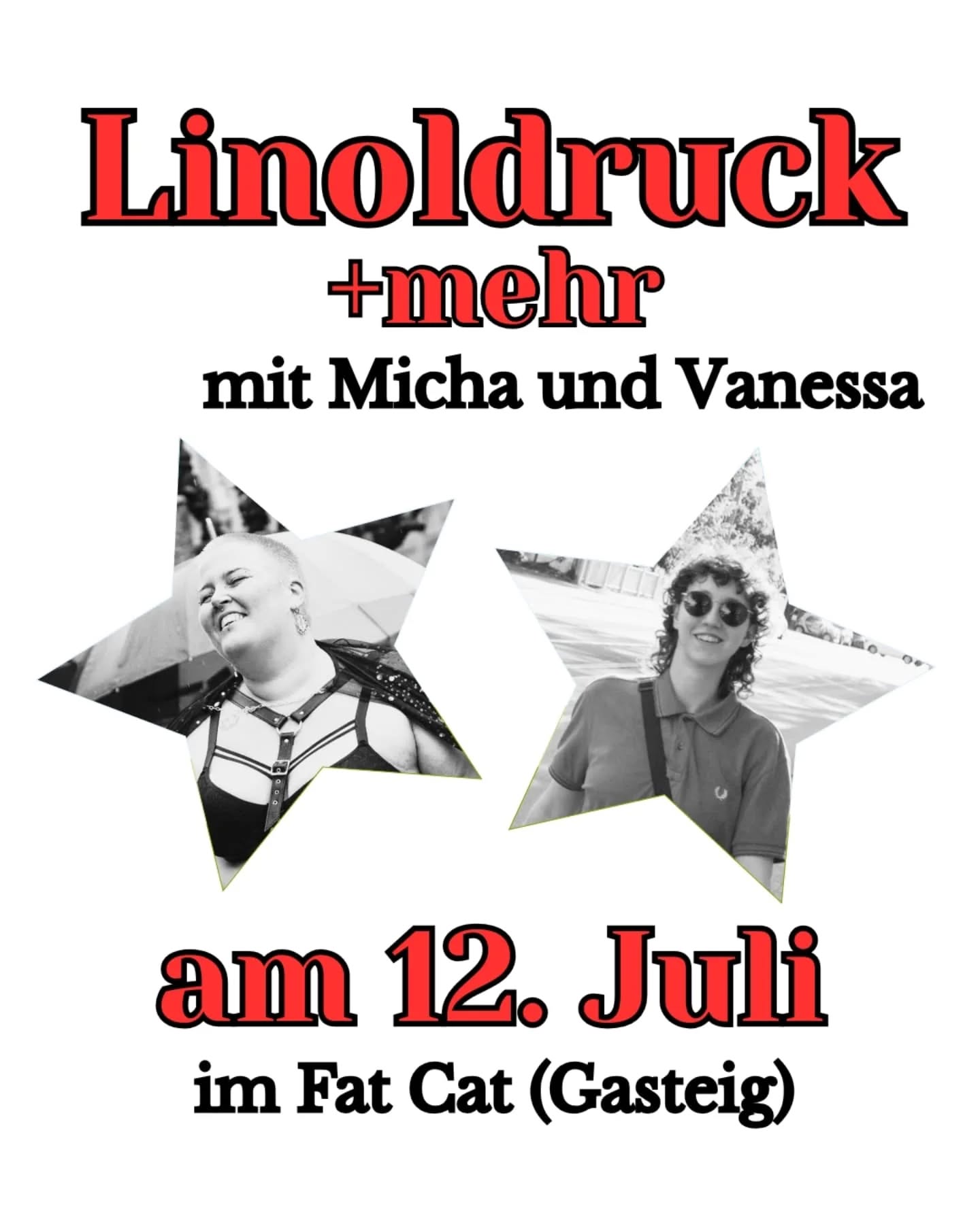 Kommt zu unserem Open Space beim Schlampenfest am 12. Juli von 13:30 - 20 Uhr im Fat Cat! 💥❤️
Euch erwartet Linoldruck mit super frechen Motiven, Armbänder basteln, Genitalien kneten und ein Schlampen Flohmarkt mit feministischen Schätzen.
Wichtig: bring bitte deine eigenen Textilien für den Linoldruck mit :)
Wir sehen uns am 12. Juli, ihr Sluts! ✨