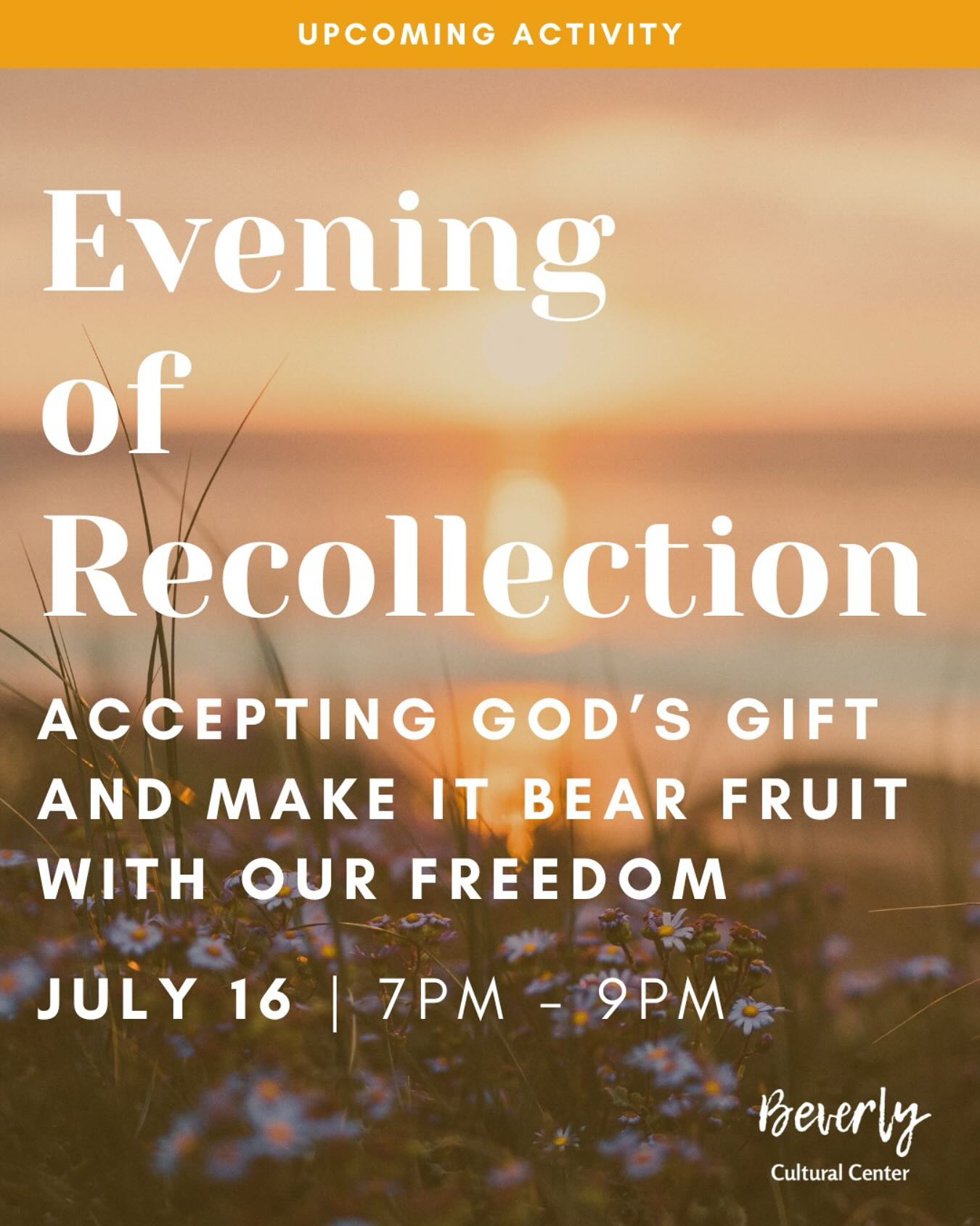 Join us for an Evening of Recollection this Wednesday, July 16th from 7 PM to 9 PM at Beverly Cultural Center! Priest is available for confessions & spiritual direction at 6:30 PM.
We can’t wait to see you there!
#losangelescatholic
#opusdei
#beverlyyps
#prayer