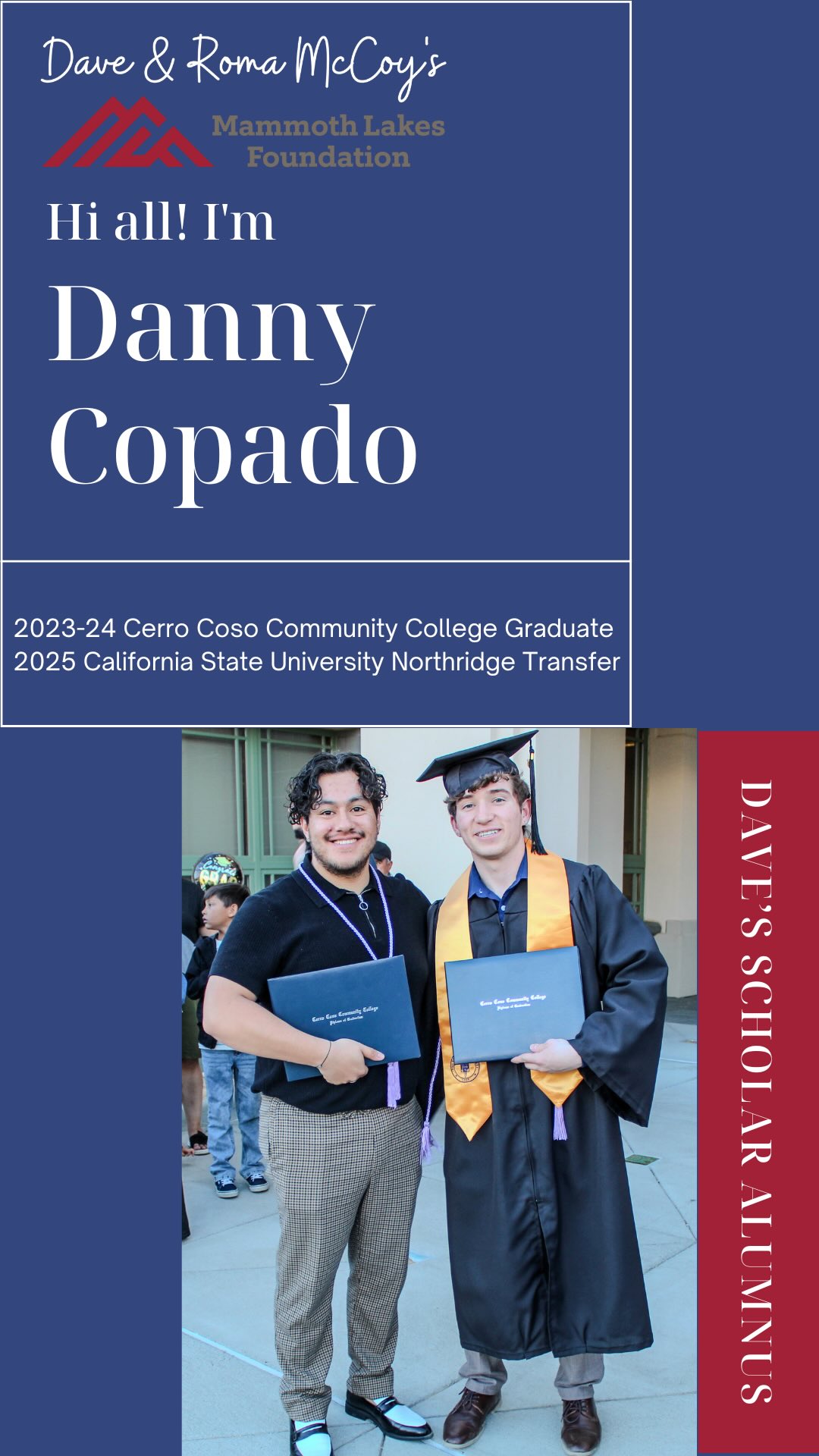 "Being able to say 'We did it!' That's something I'll always be proud of."❤
Danny, one of our incredible Dave’s Scholars, shared his journey at this year’s Friends of the Foundation Dinner. His words were heartfelt, real, and a powerful reminder of why community support matters.
Watch Danny’s full video and see how access to higher education — made possible by our incredible community— is transforming futures in the Eastern Sierra.🎓